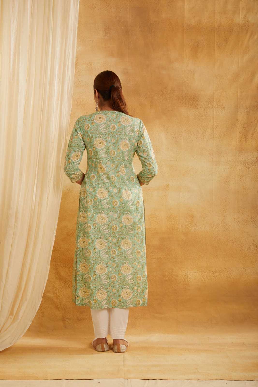 Green and Yellow Block Printed Cotton Kurta