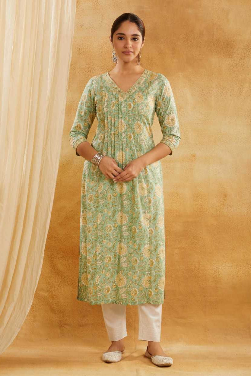 Green and Yellow Block Printed Cotton Kurta