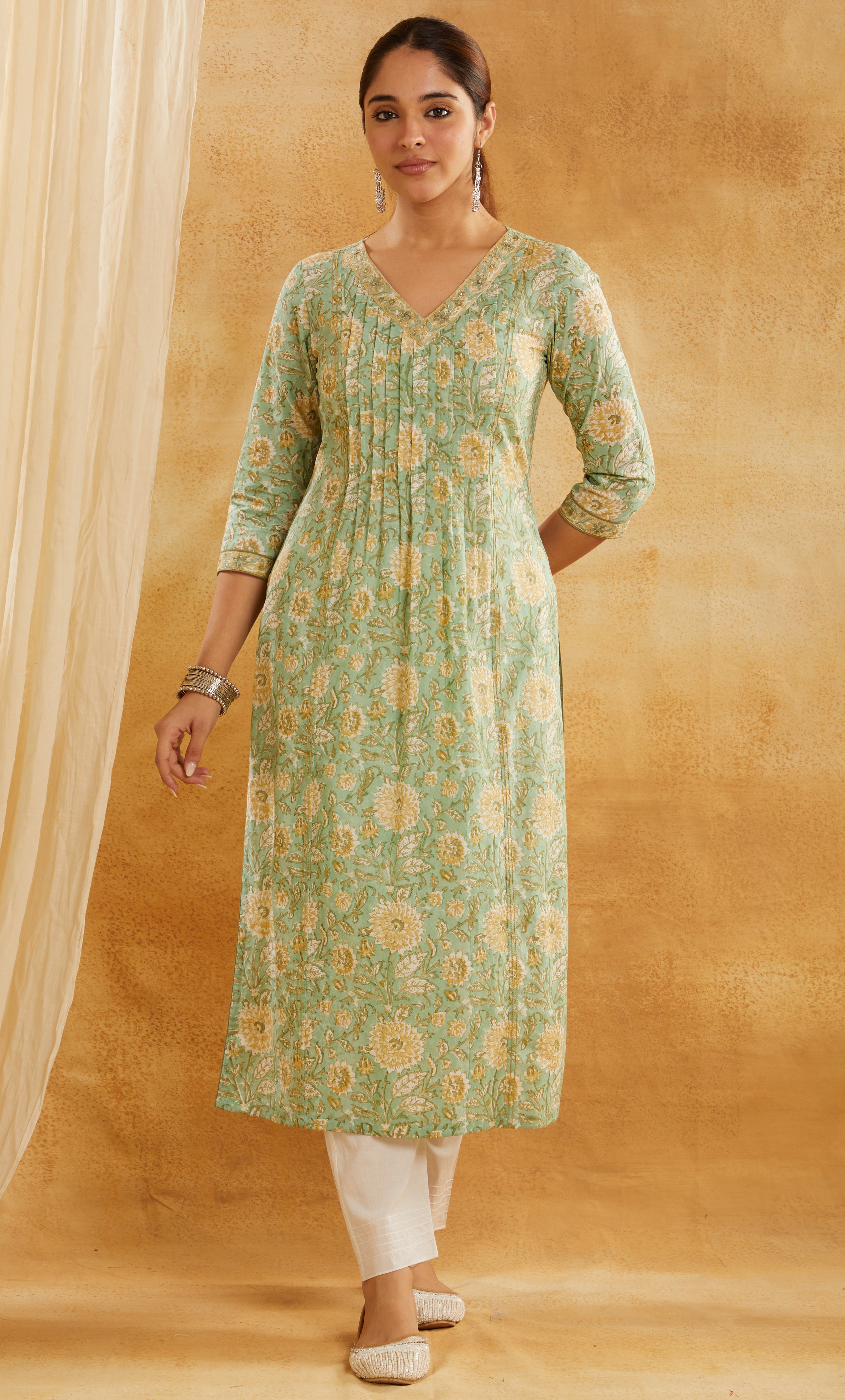 GREEN & YELLOW BLOCK PRINTED COTTON KURTA