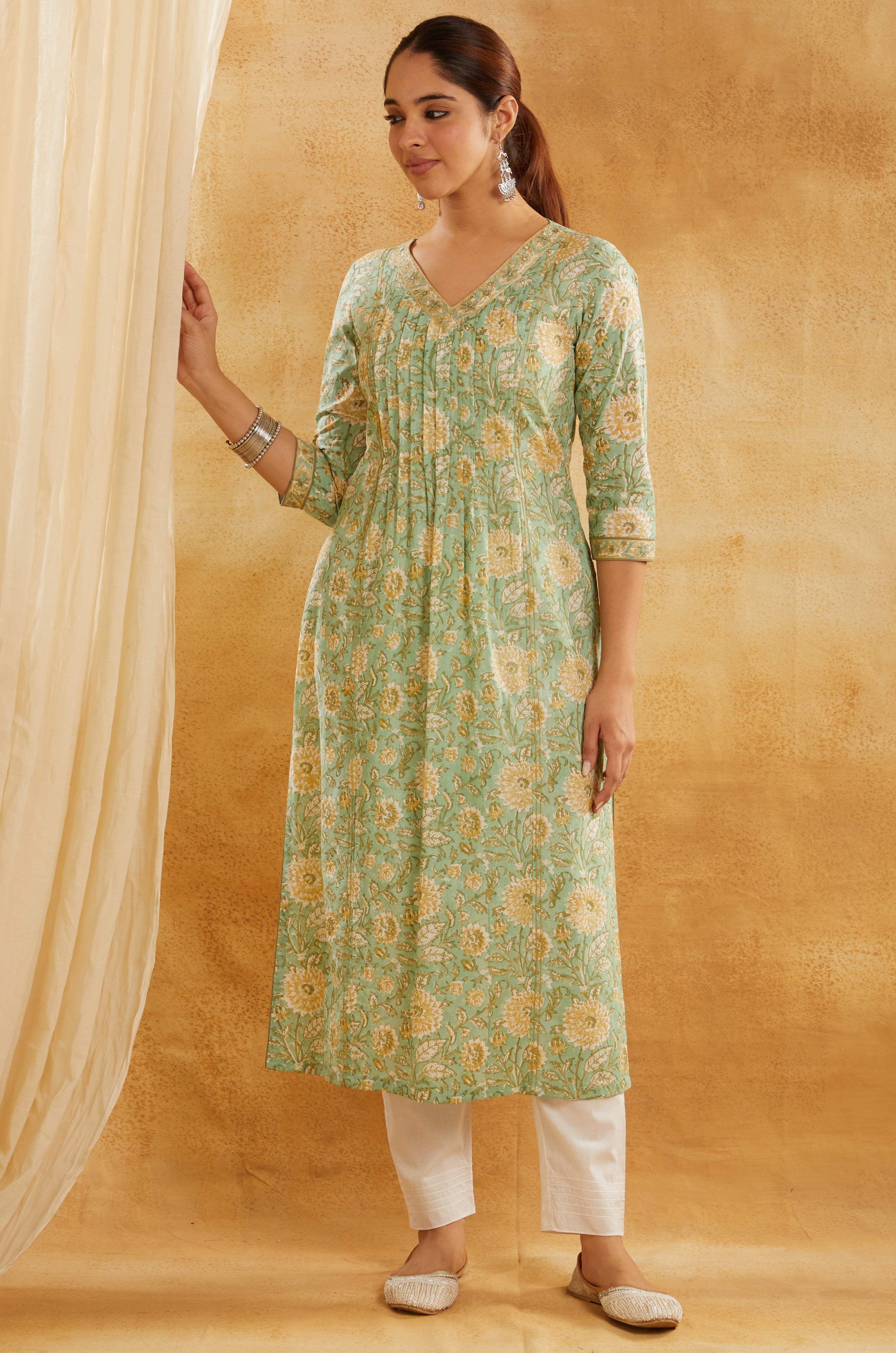 GREEN & YELLOW BLOCK PRINTED COTTON KURTA