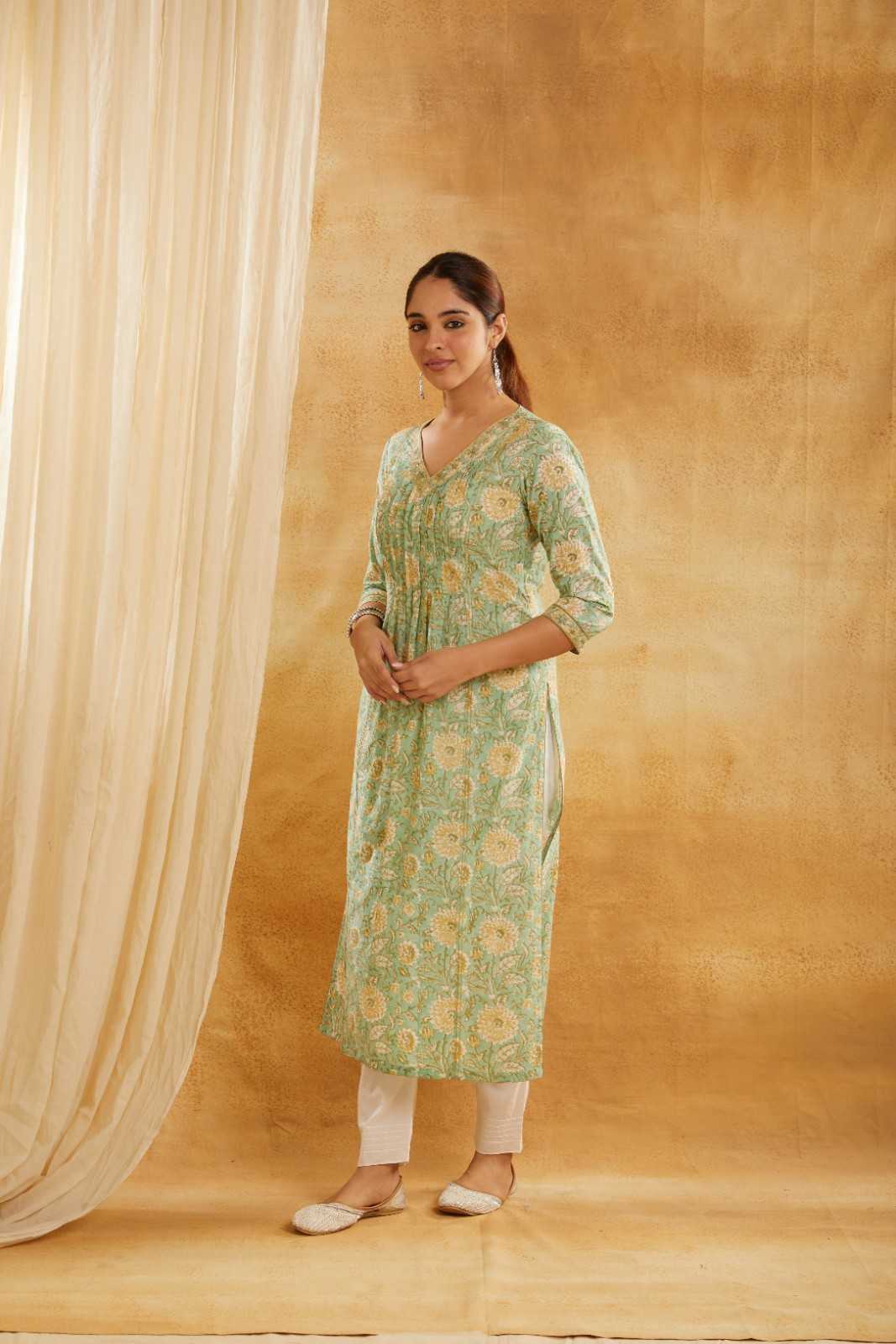 Green and Yellow Block Printed Cotton Kurta