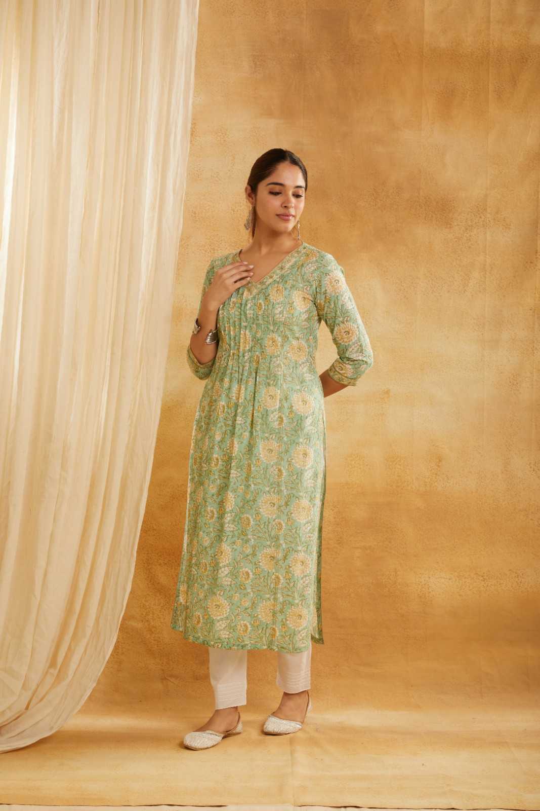 Green and Yellow Block Printed Cotton Kurta