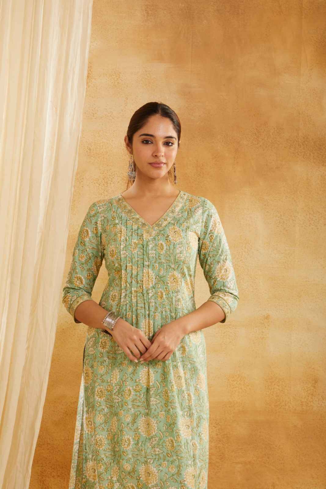 Green and Yellow Block Printed Cotton Kurta