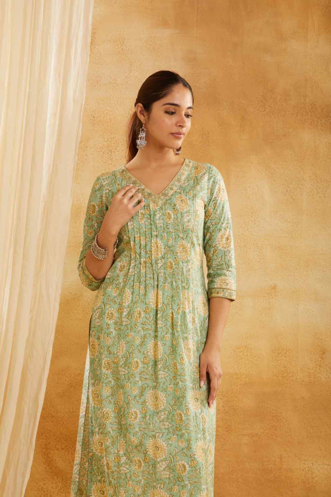 Green and Yellow Block Printed Cotton Kurta