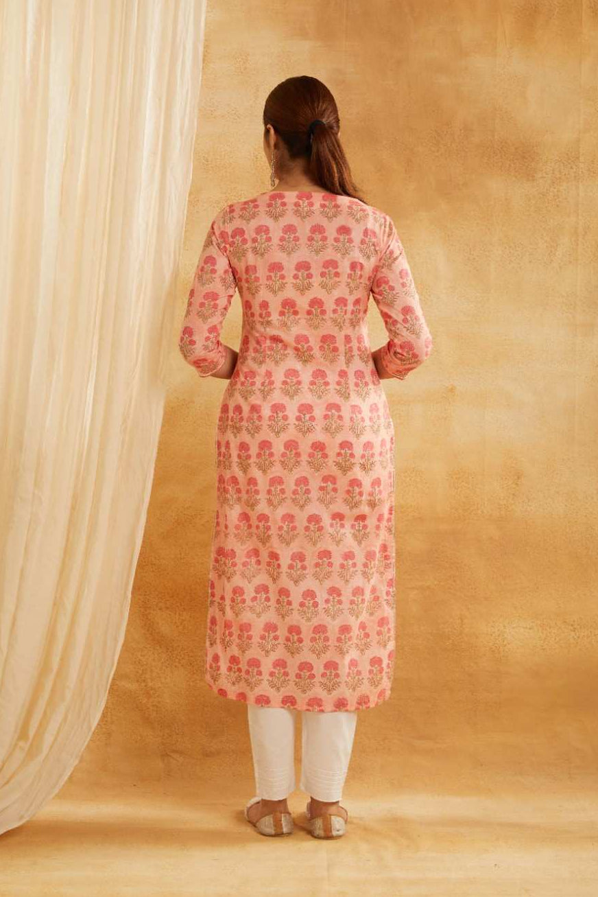 Peach Block Printed and Embroidered Cotton Kurta