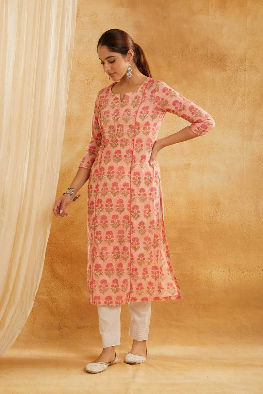 Peach Block Printed and Embroidered Cotton Kurta