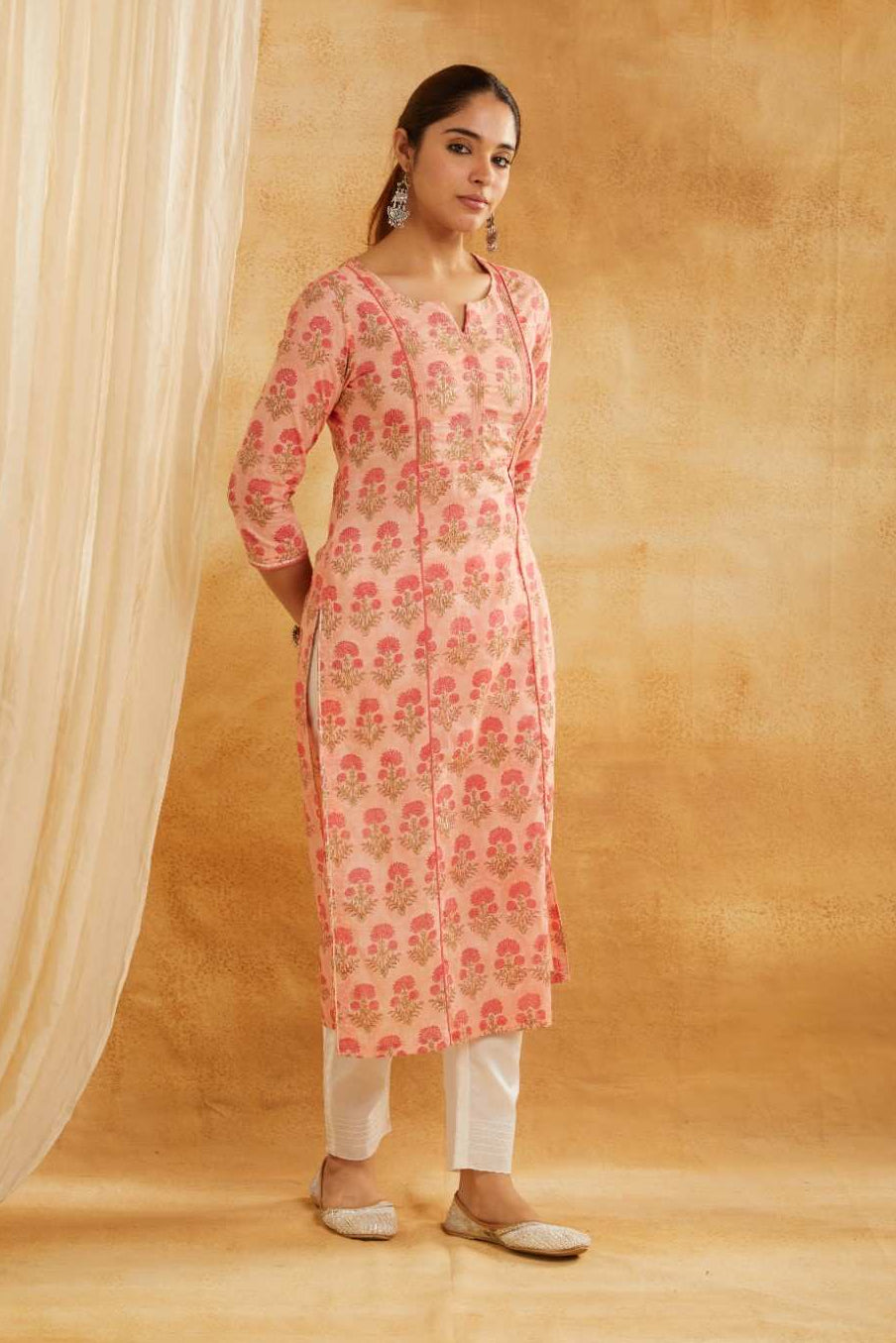 Peach Block Printed and Embroidered Cotton Kurta