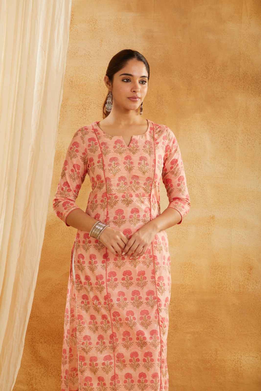 Peach Block Printed and Embroidered Cotton Kurta