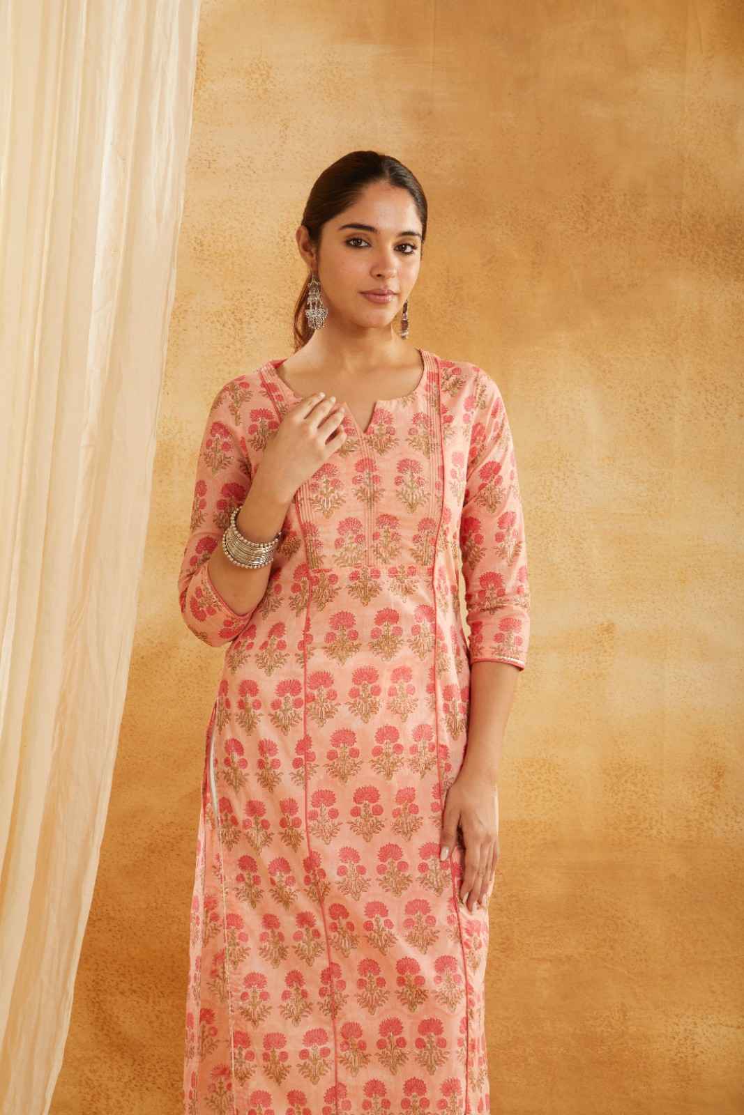 Peach Block Printed and Embroidered Cotton Kurta