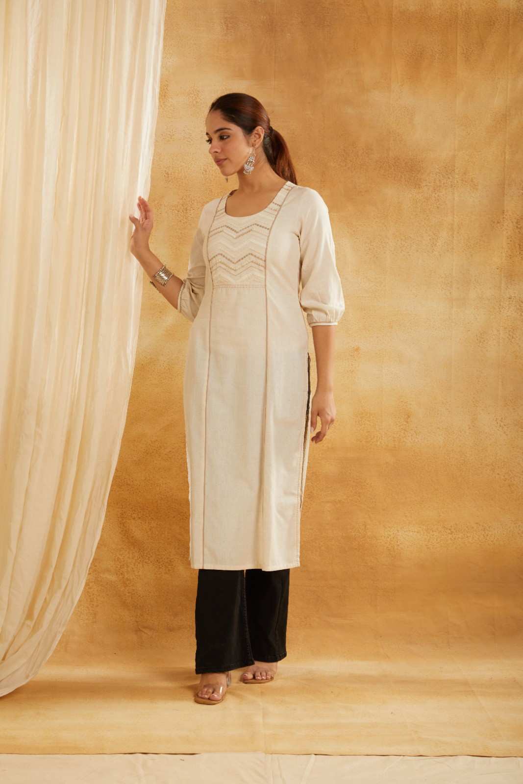 Solid Ivory Embroidered Kurta
