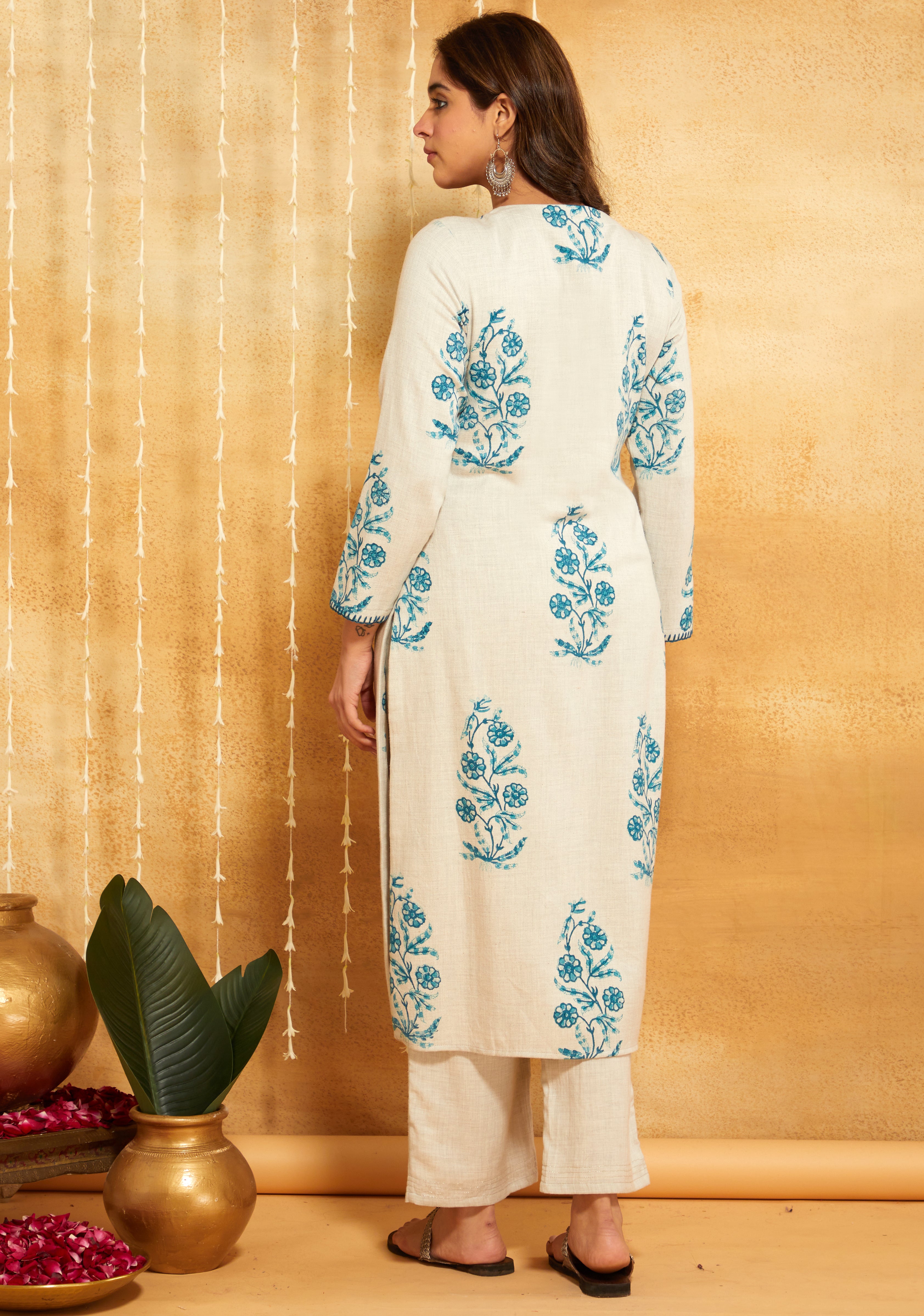 Turquoise Block Printed & Embroidered Kurta Pant Set