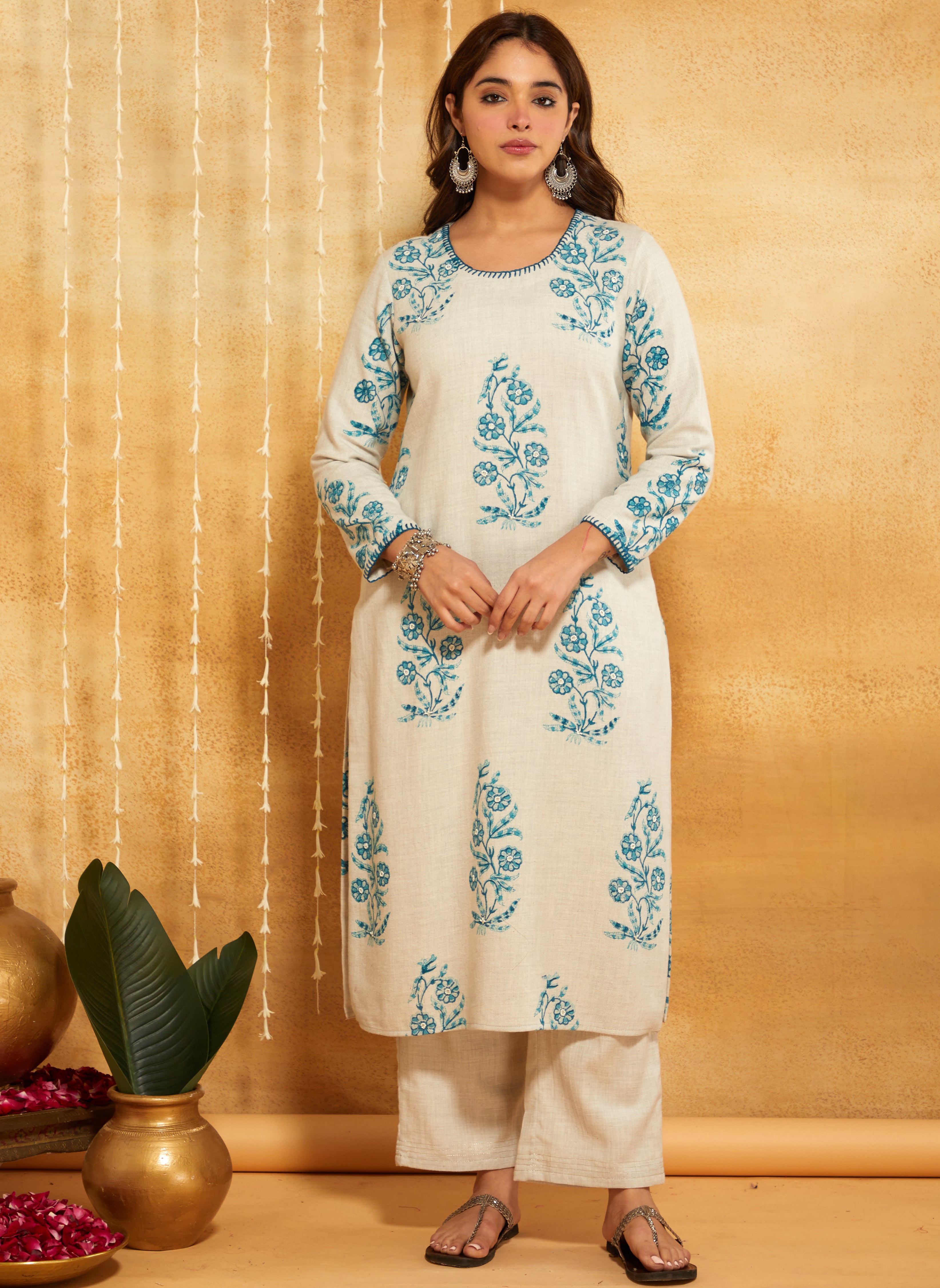 Turquoise Block Printed & Embroidered Kurta Pant Set
