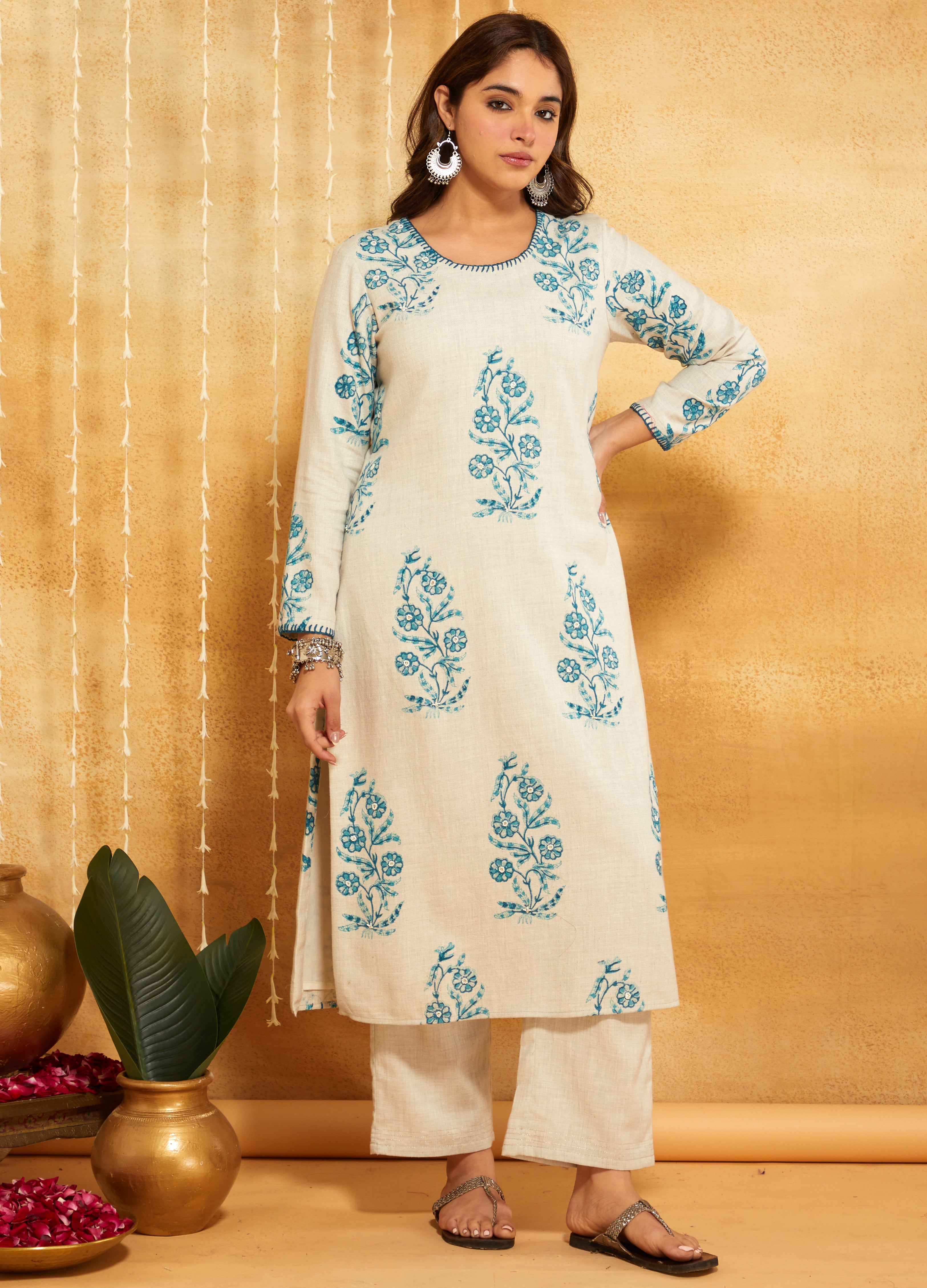 Turquoise Block Printed & Embroidered Kurta Pant Set