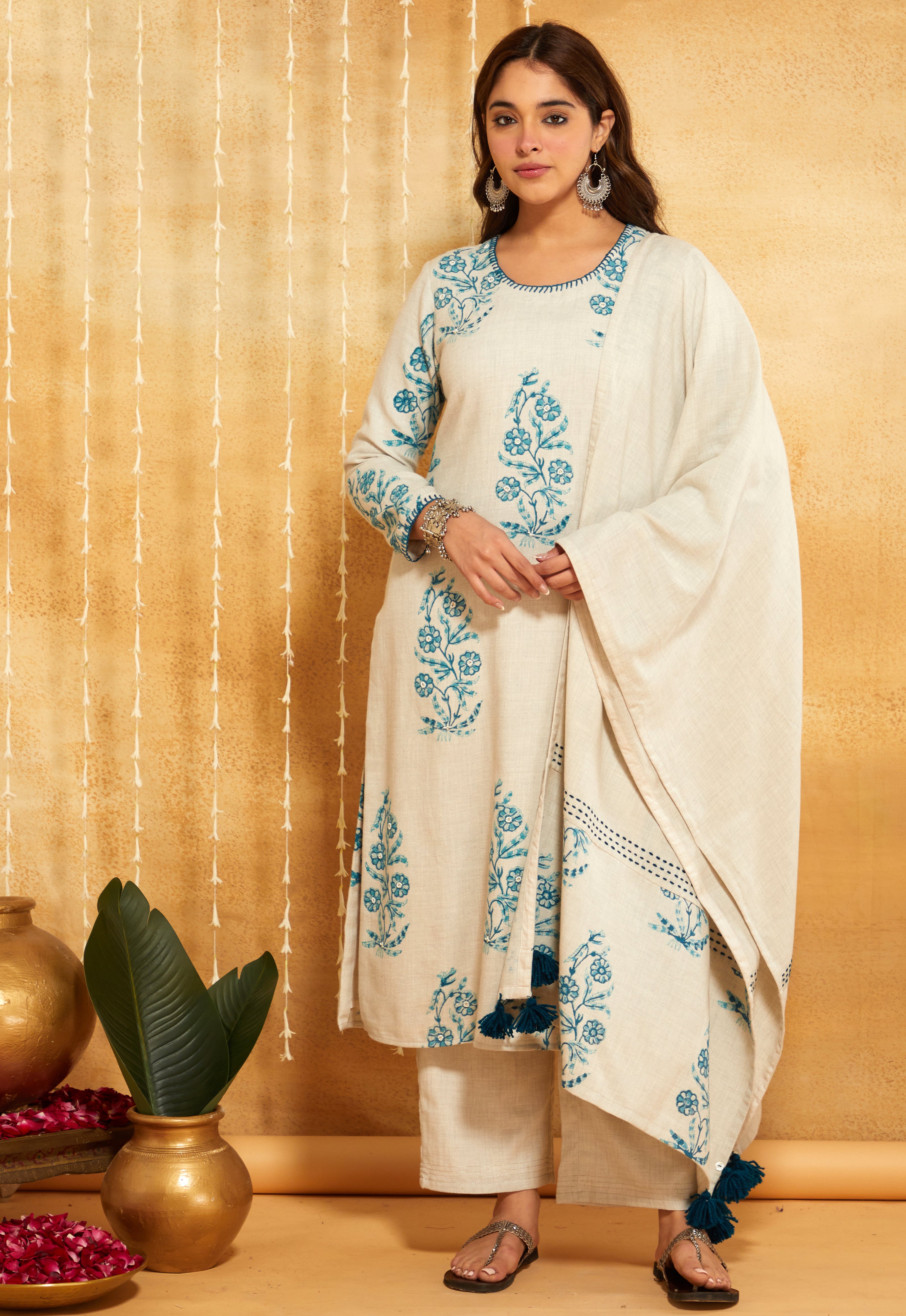 Turquoise Block Printed & Embroidered Kurta Pant Set