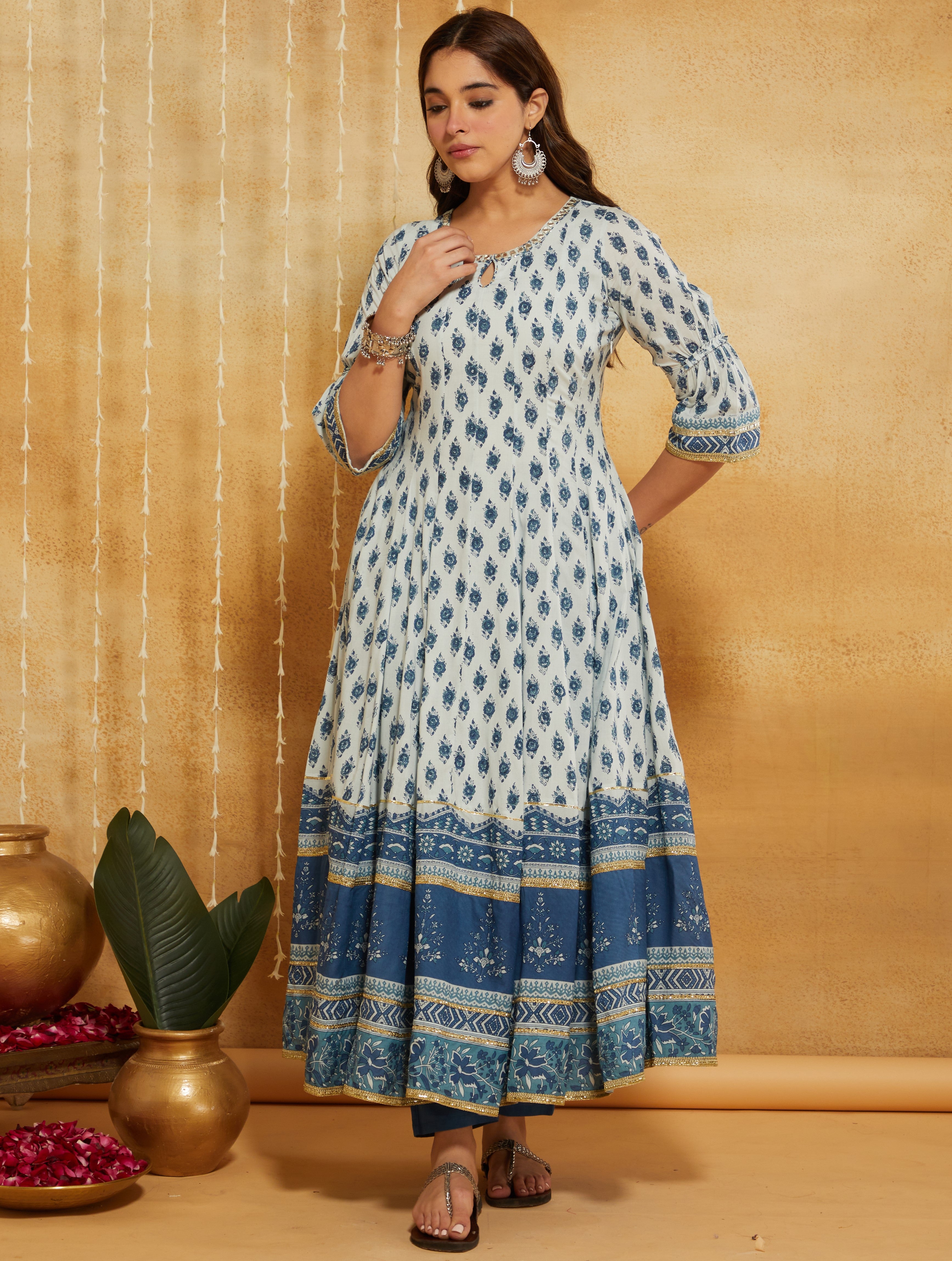 Manjari Indigo Hand Block Printed Anarkali Suit Set