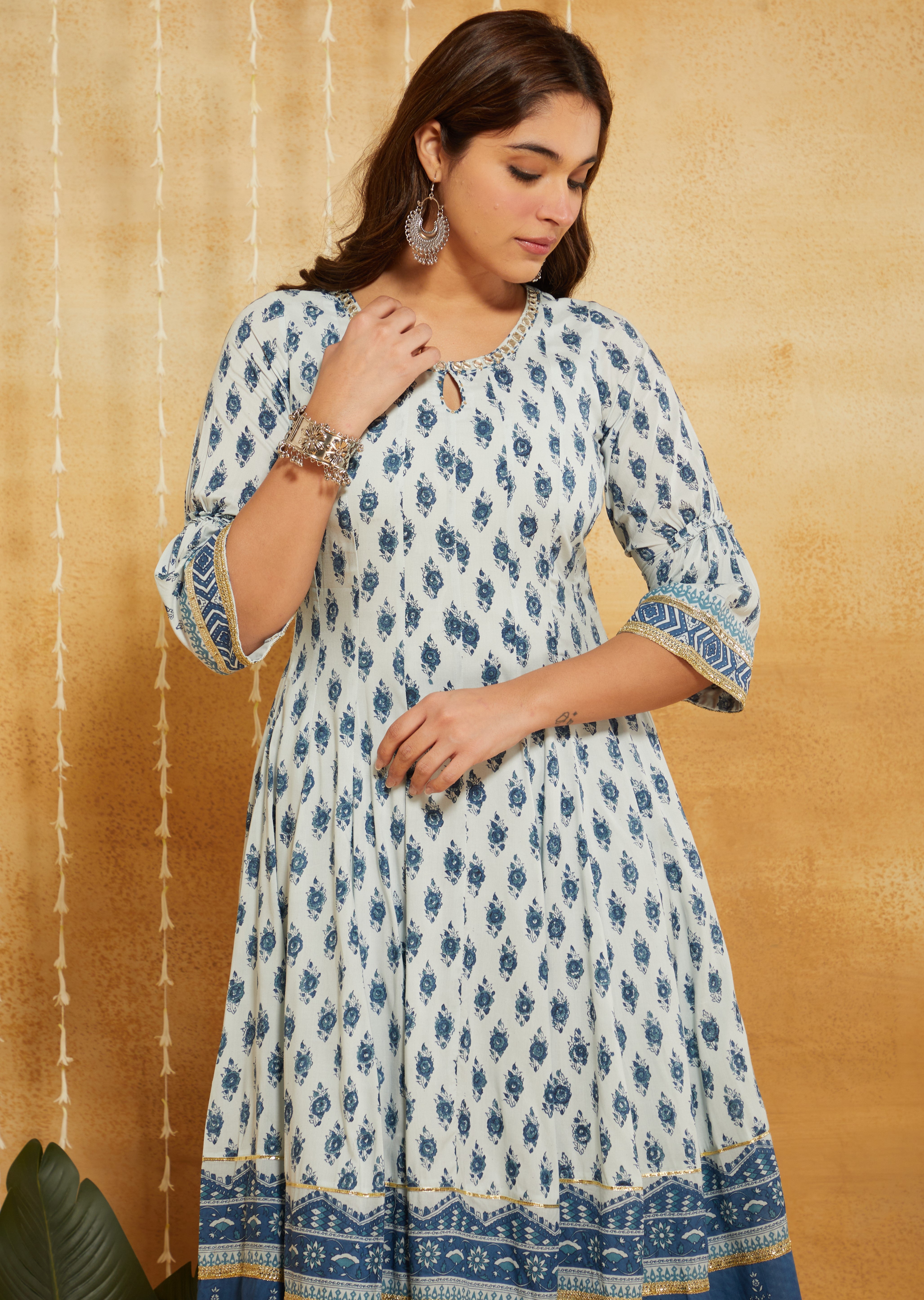 Manjari Indigo Hand Block Printed Anarkali Suit Set