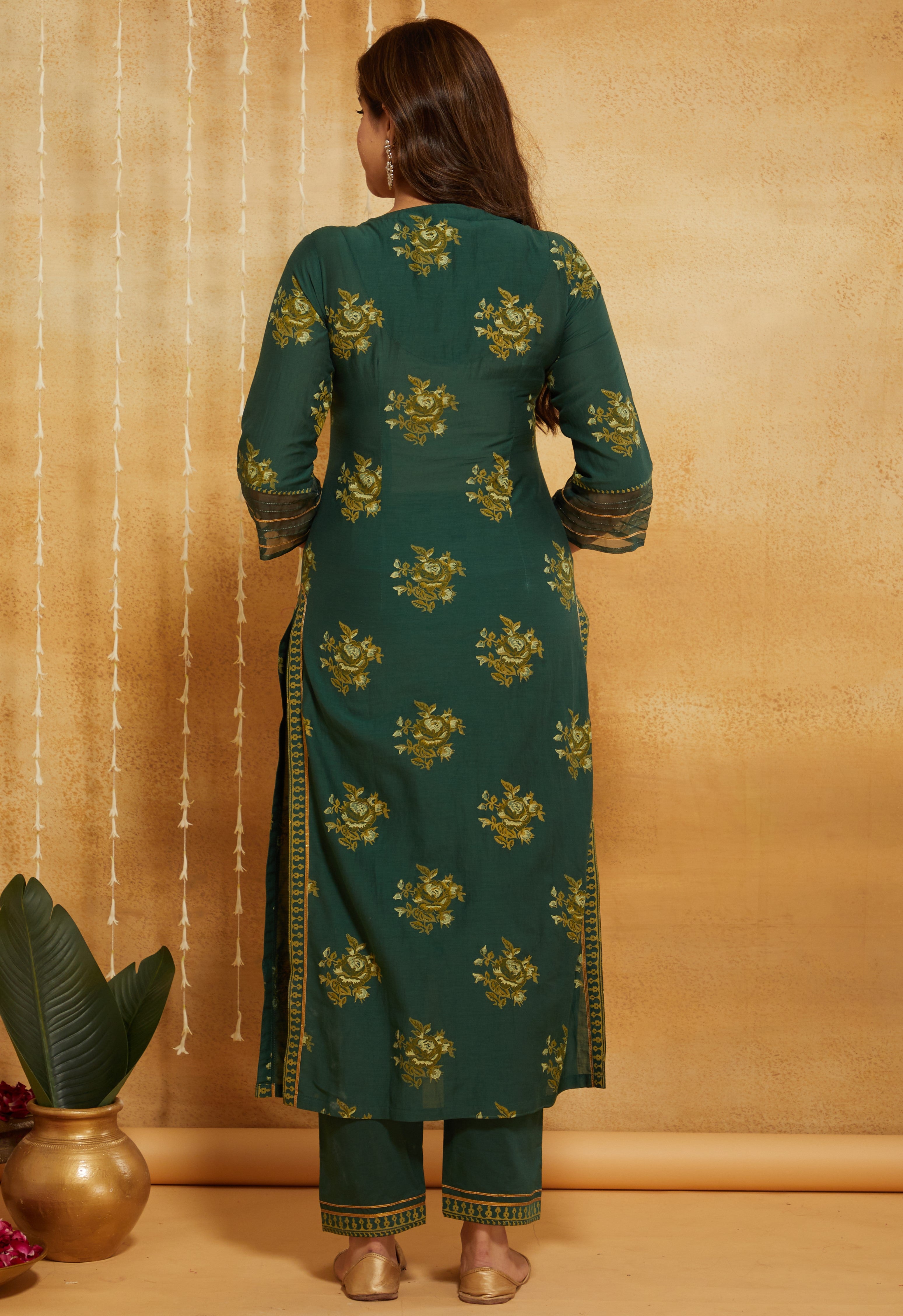 BOTTLE GREEN COTTON SILK MIRROR SUIT SET