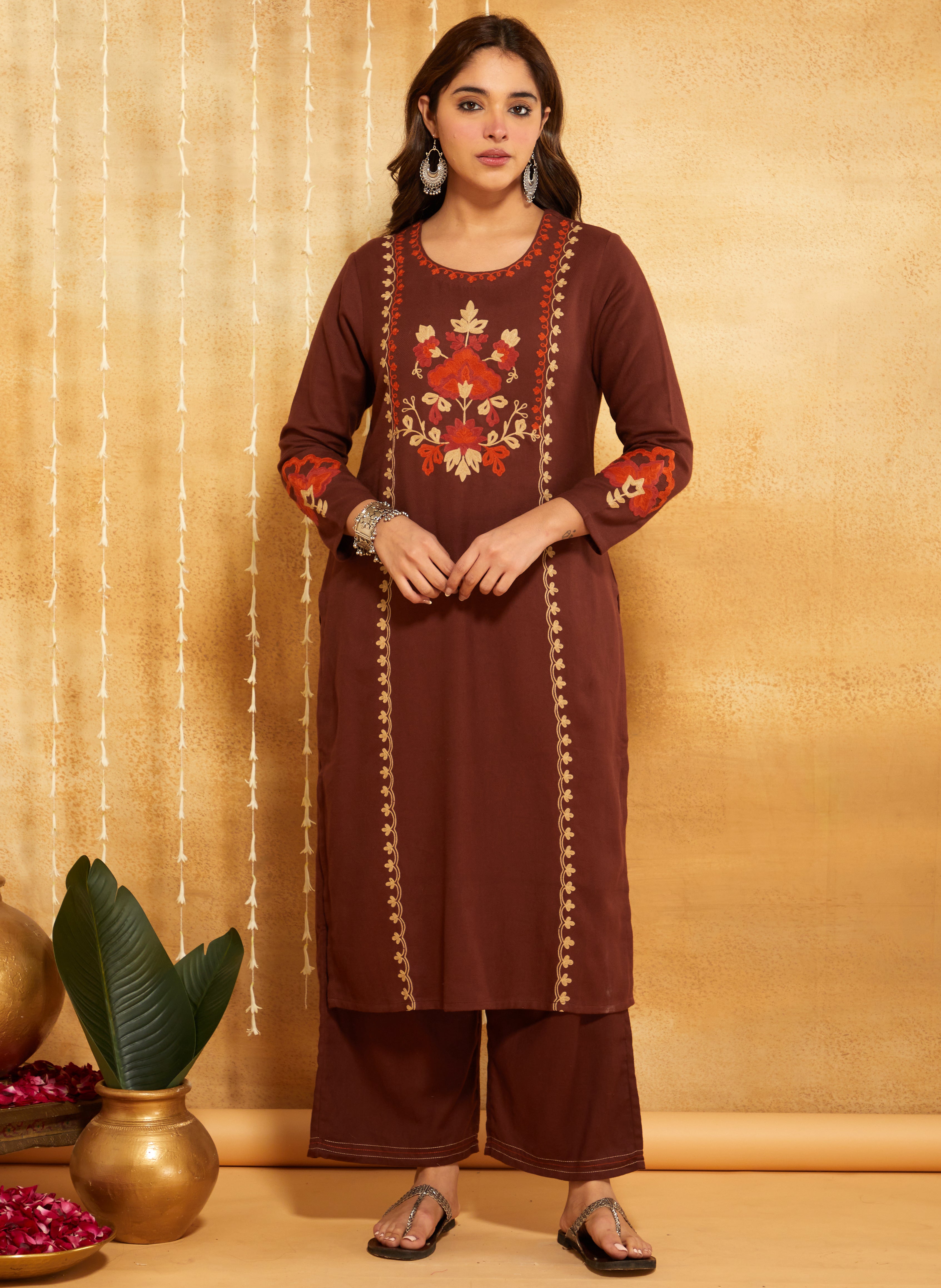 Coffee Brown Aari Embroidered Woolen Suit Set