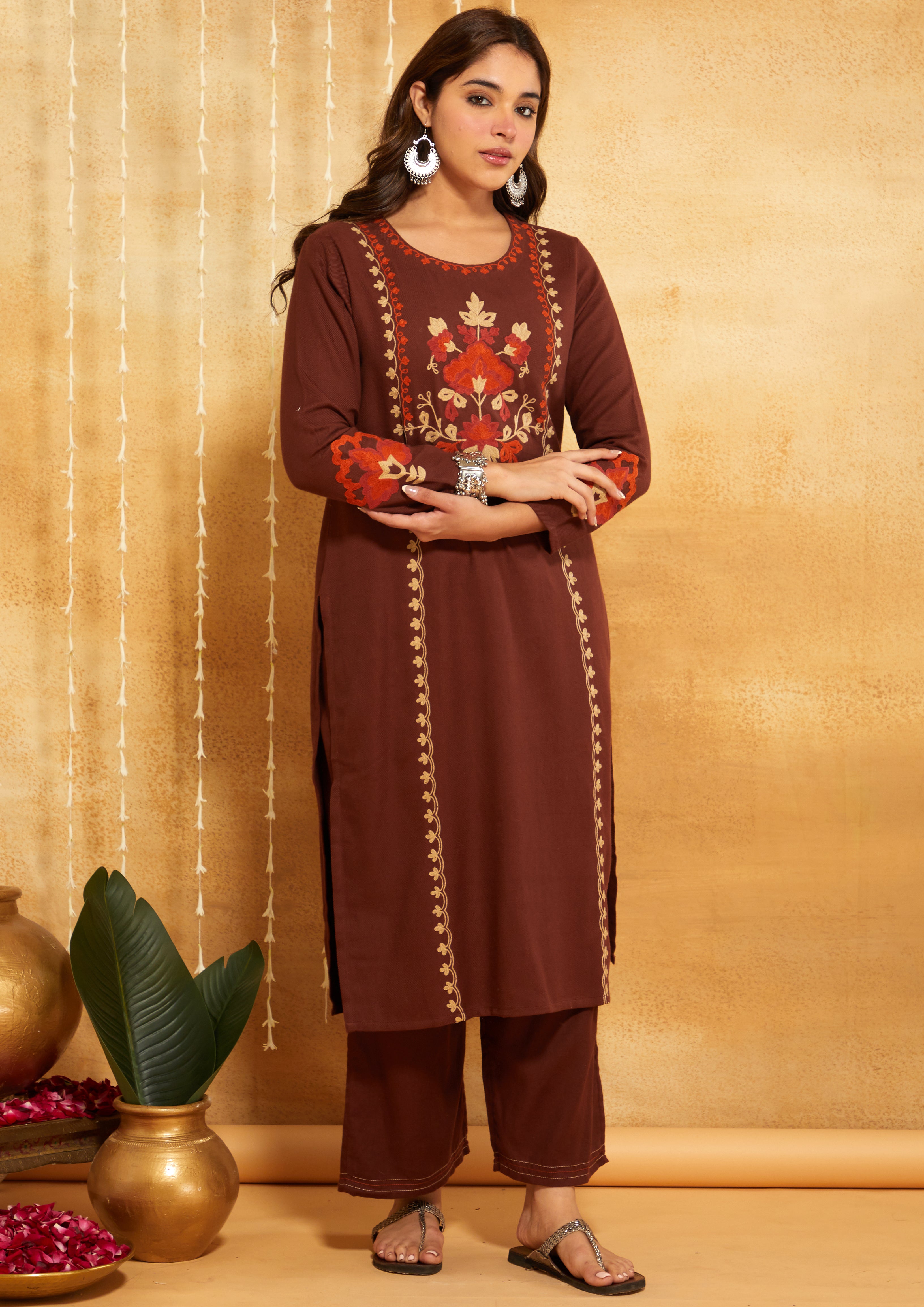 Coffee Brown Aari Embroidered Woolen Suit Set