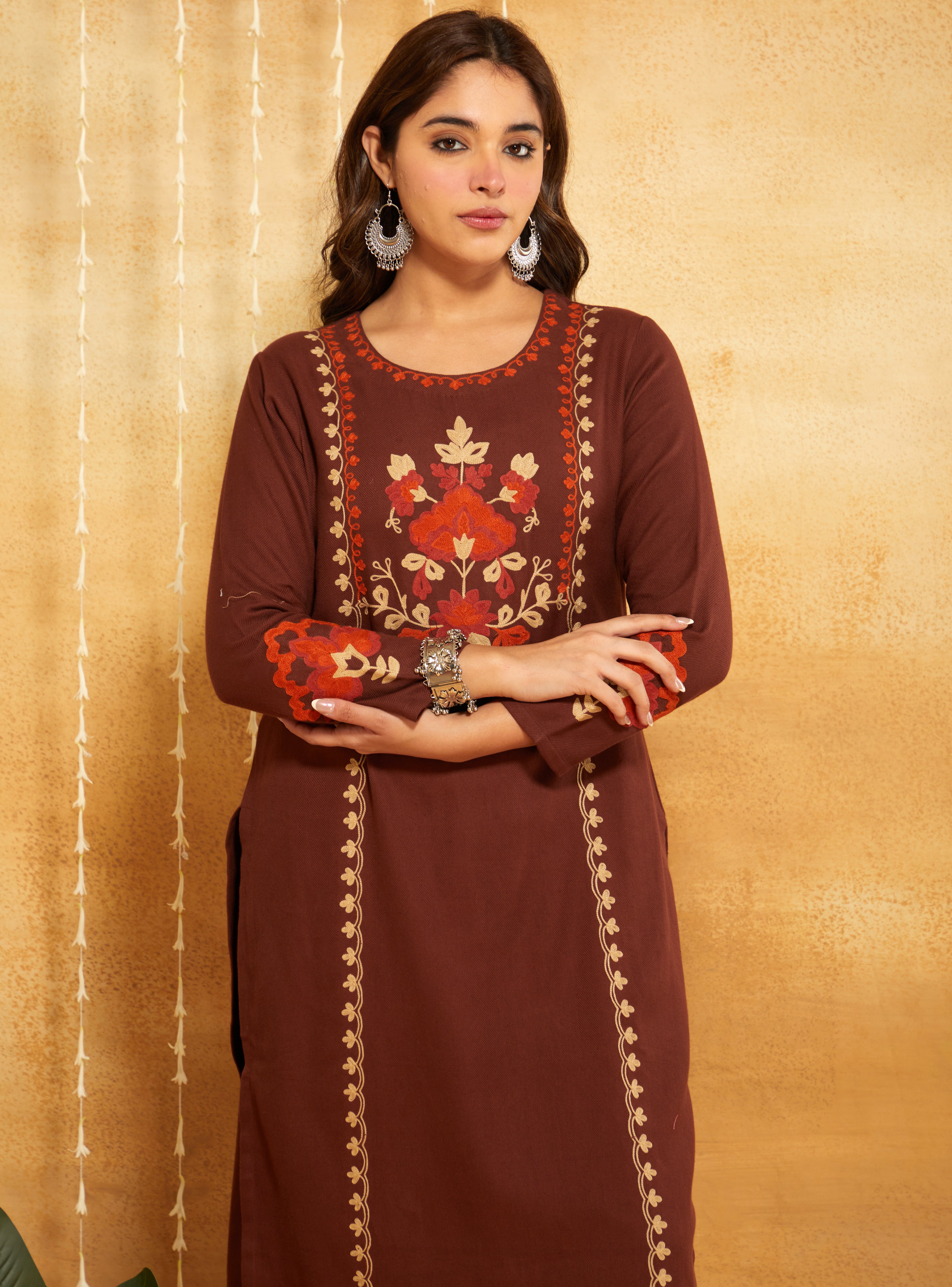 Coffee Brown Aari Embroidered Woolen Suit Set