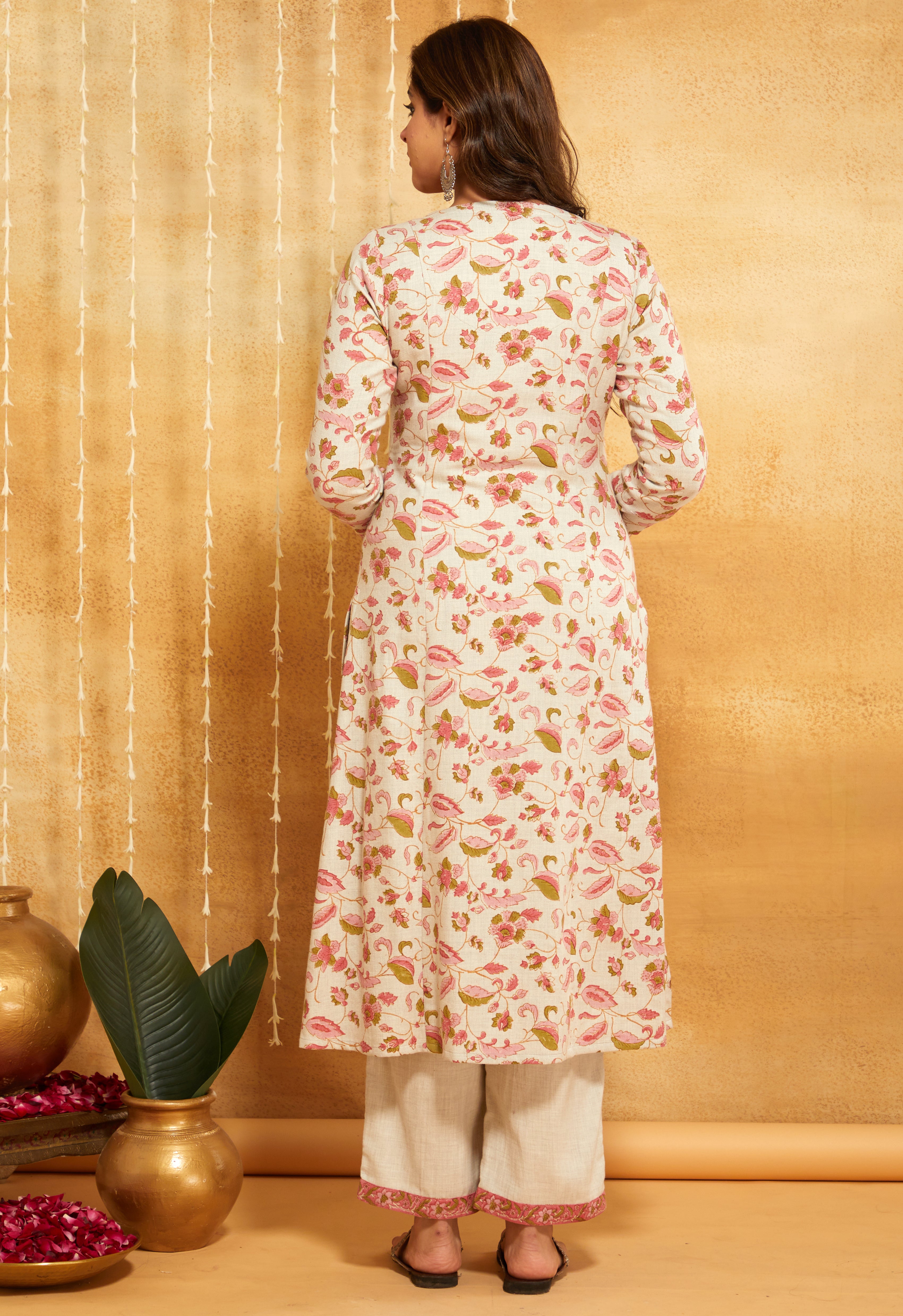 Pink Floral Block Printed & Embroidered Woolen Suit Set