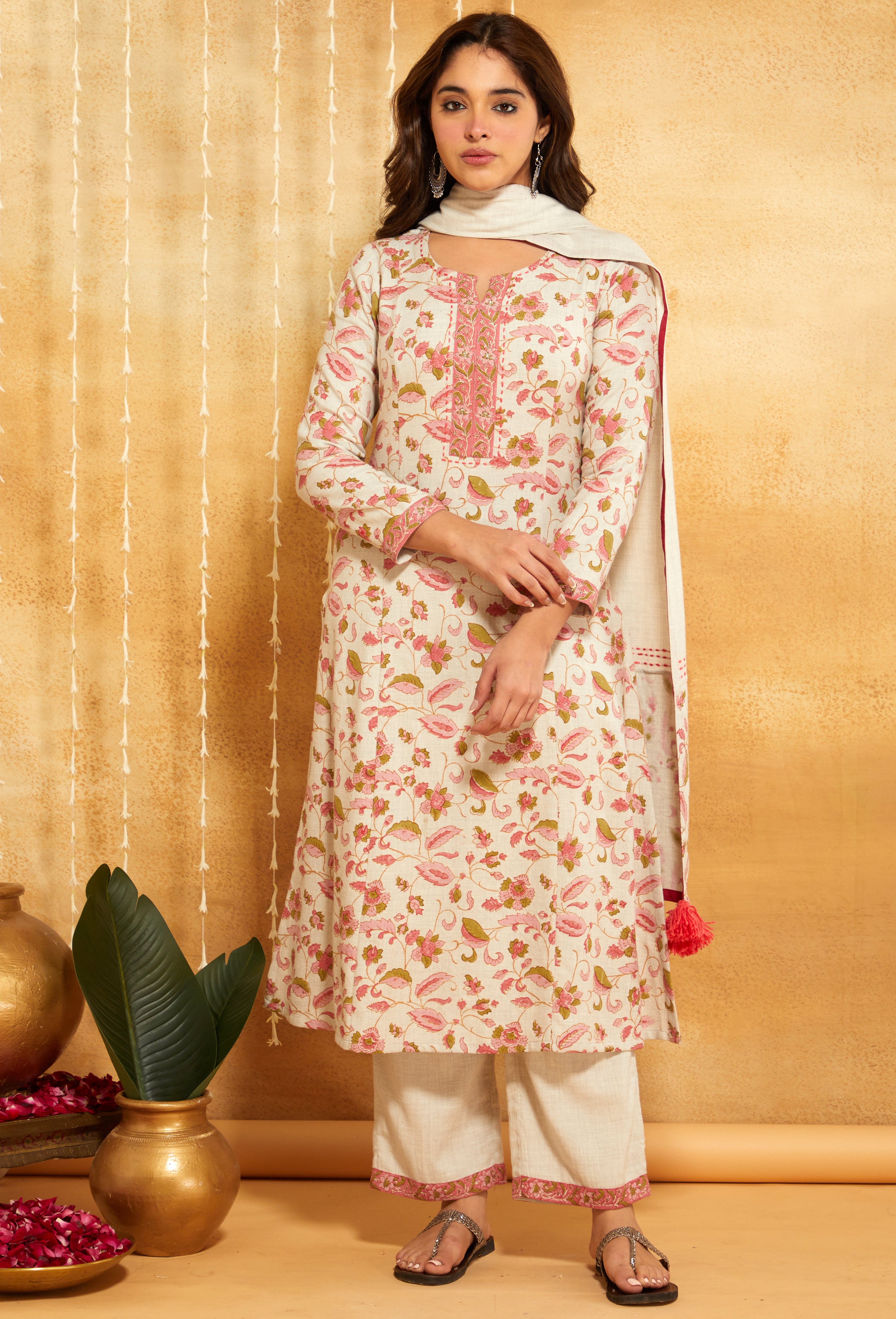 Pink Floral Block Printed & Embroidered Woolen Suit Set