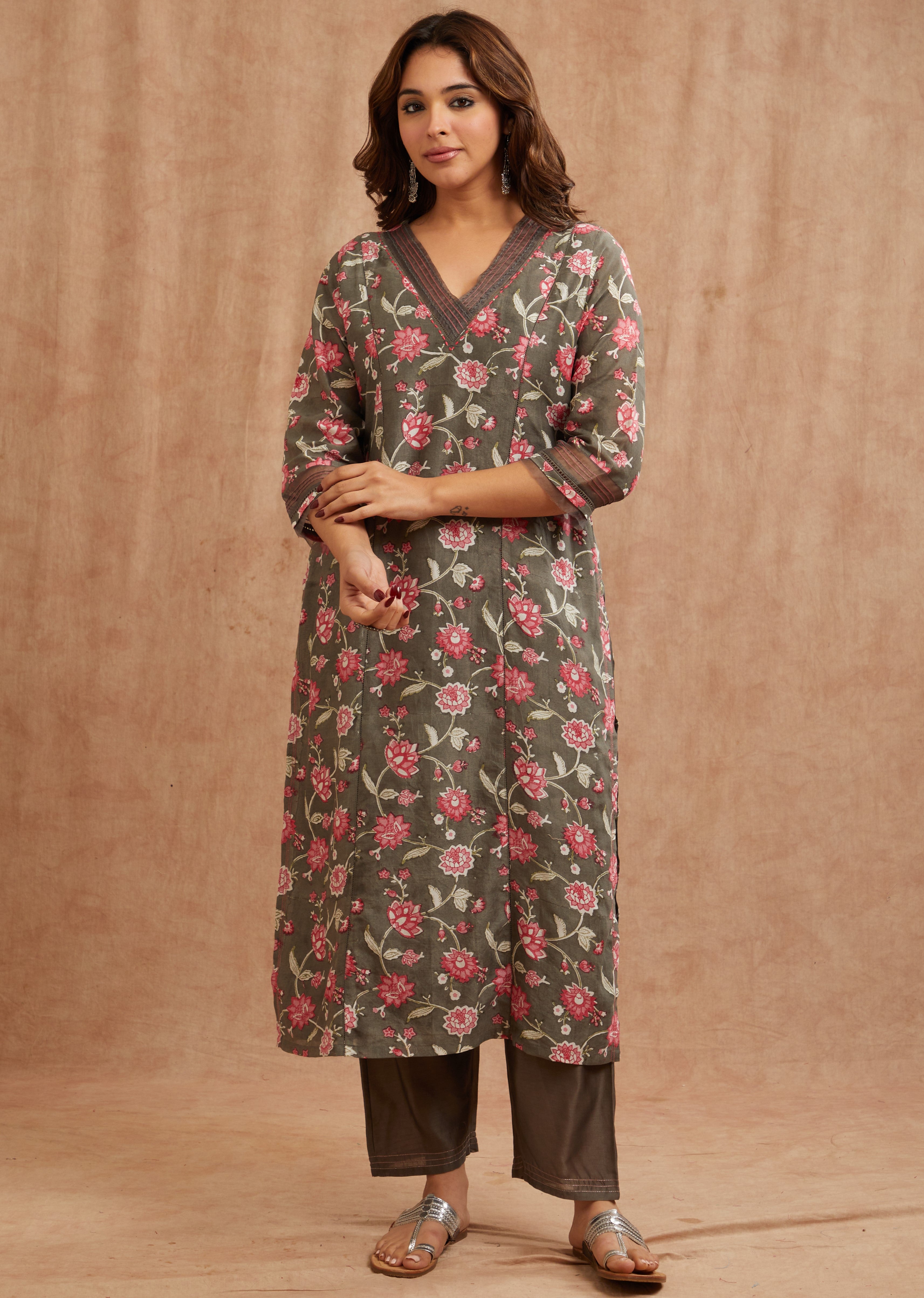 SAI CHARCOAL CHANDERI SUIT SET