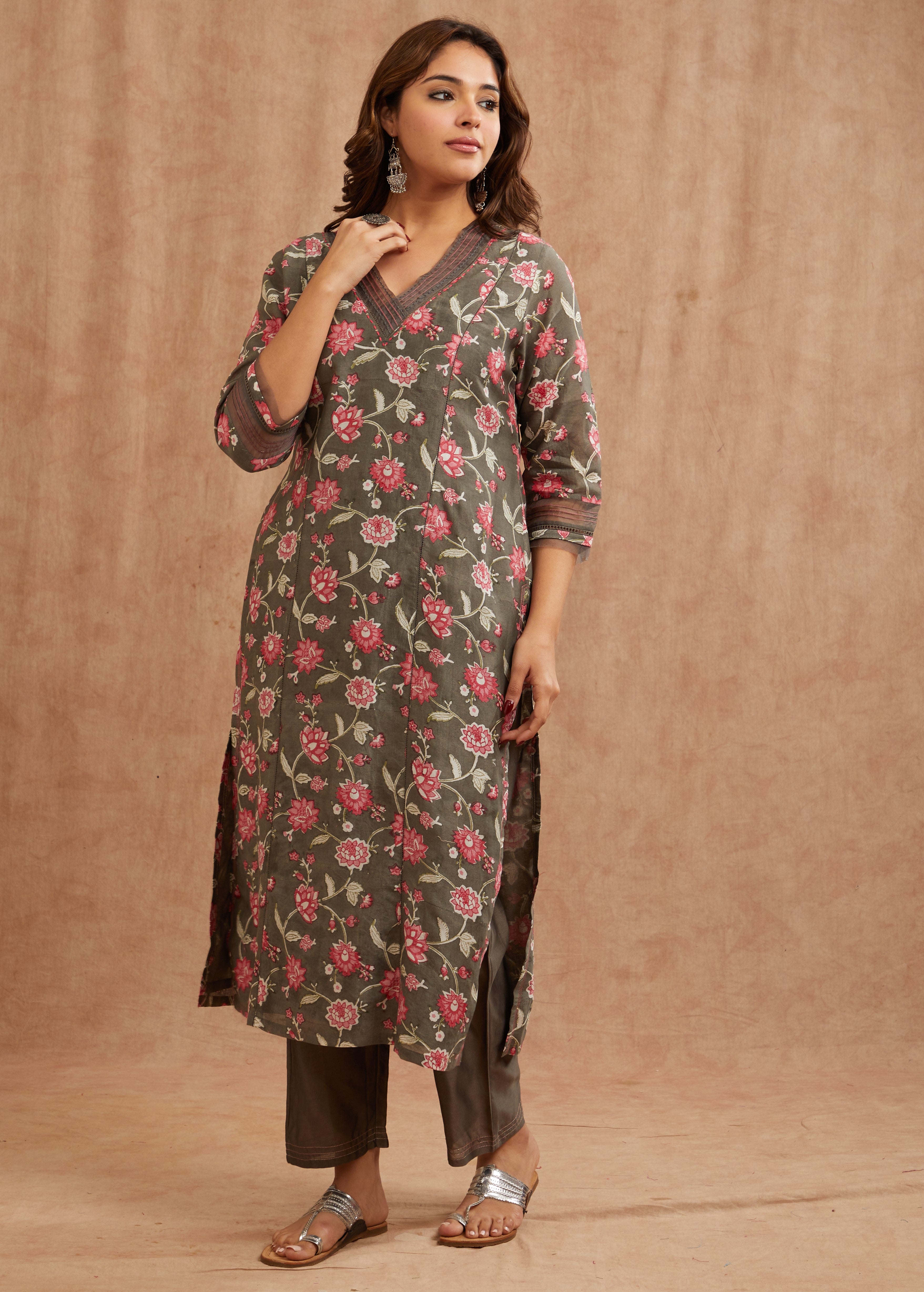 SAI CHARCOAL CHANDERI SUIT SET