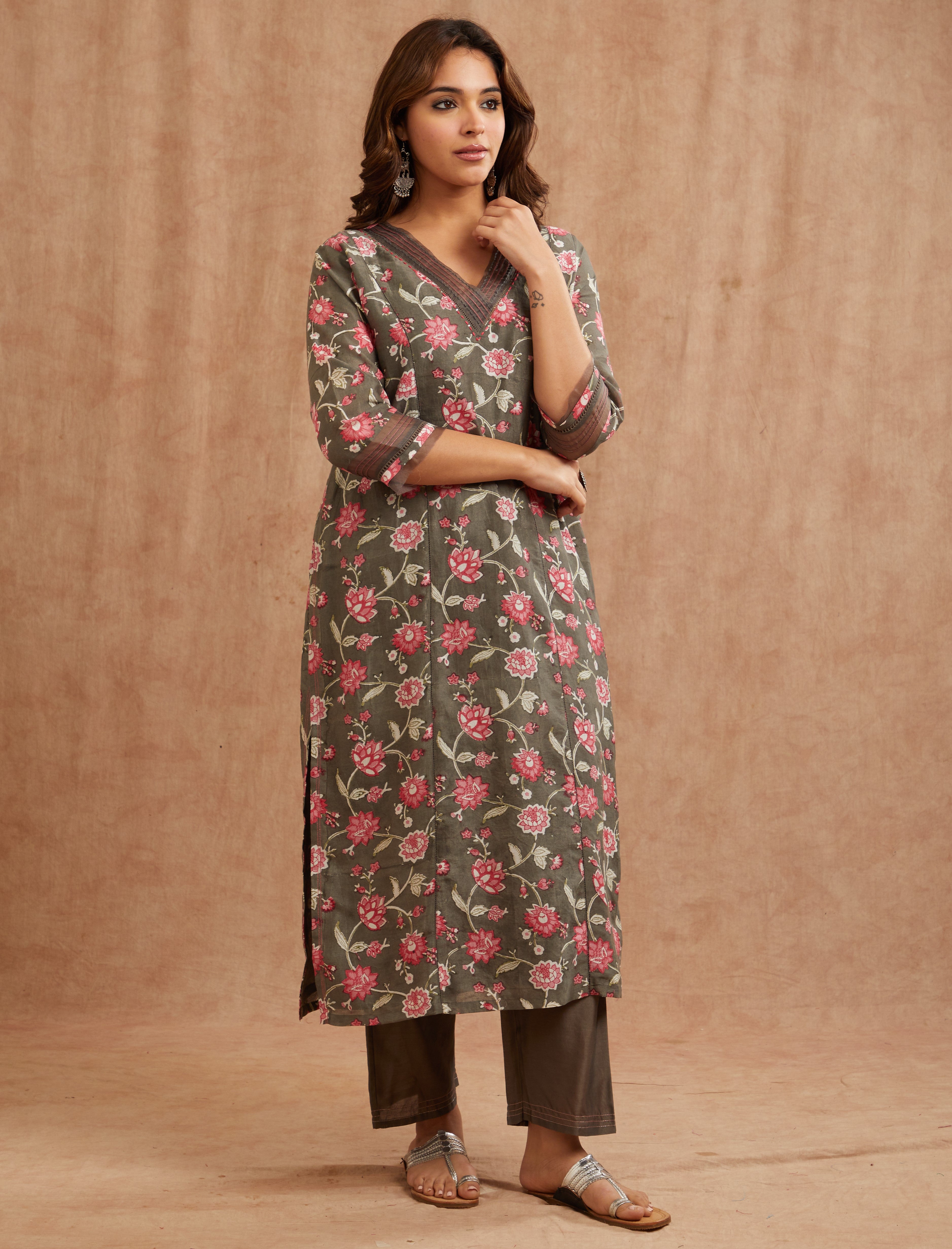 SAI CHARCOAL CHANDERI SUIT SET