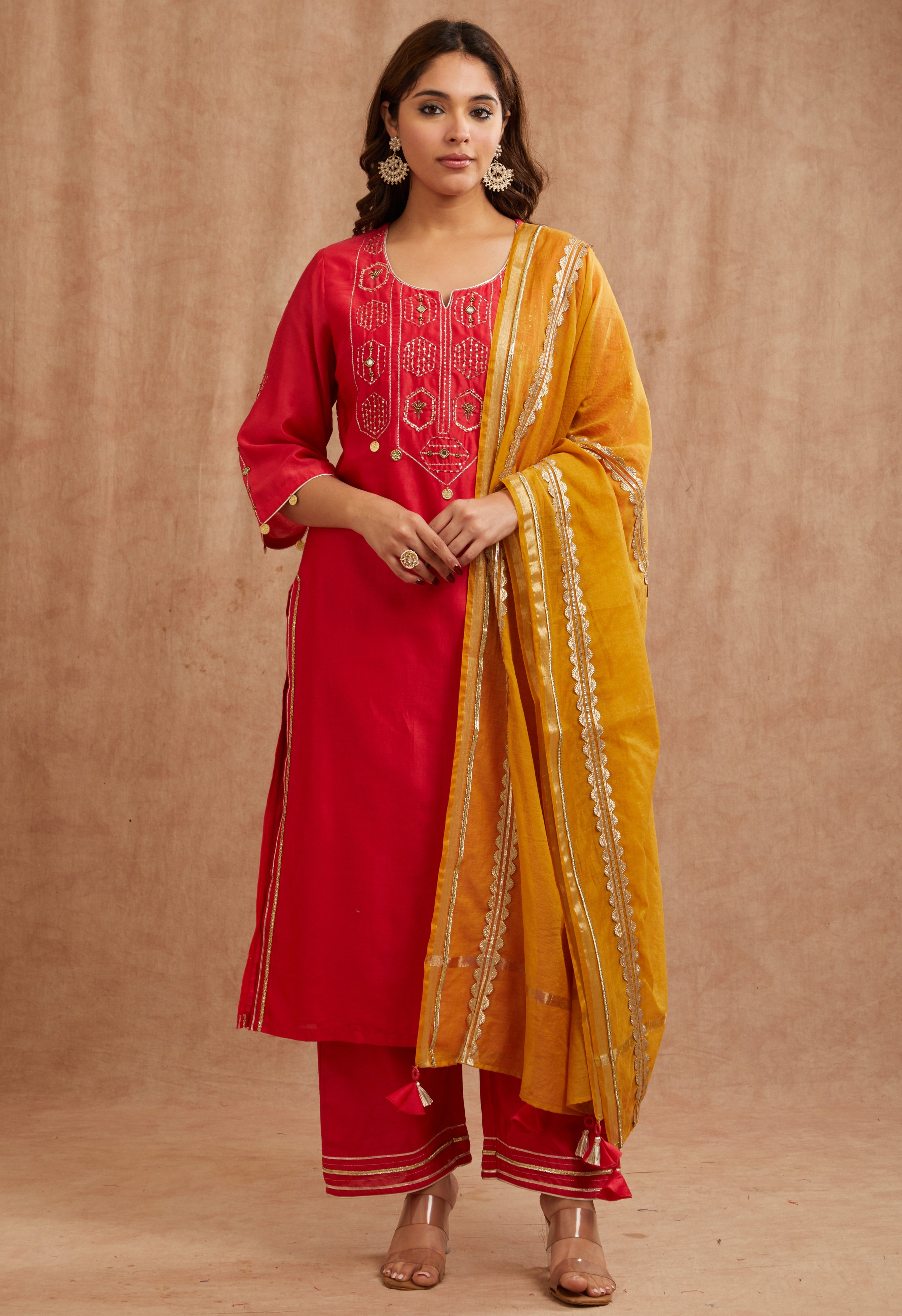 ONION PINK EMBROIDERED CHANDERI SUIT SET