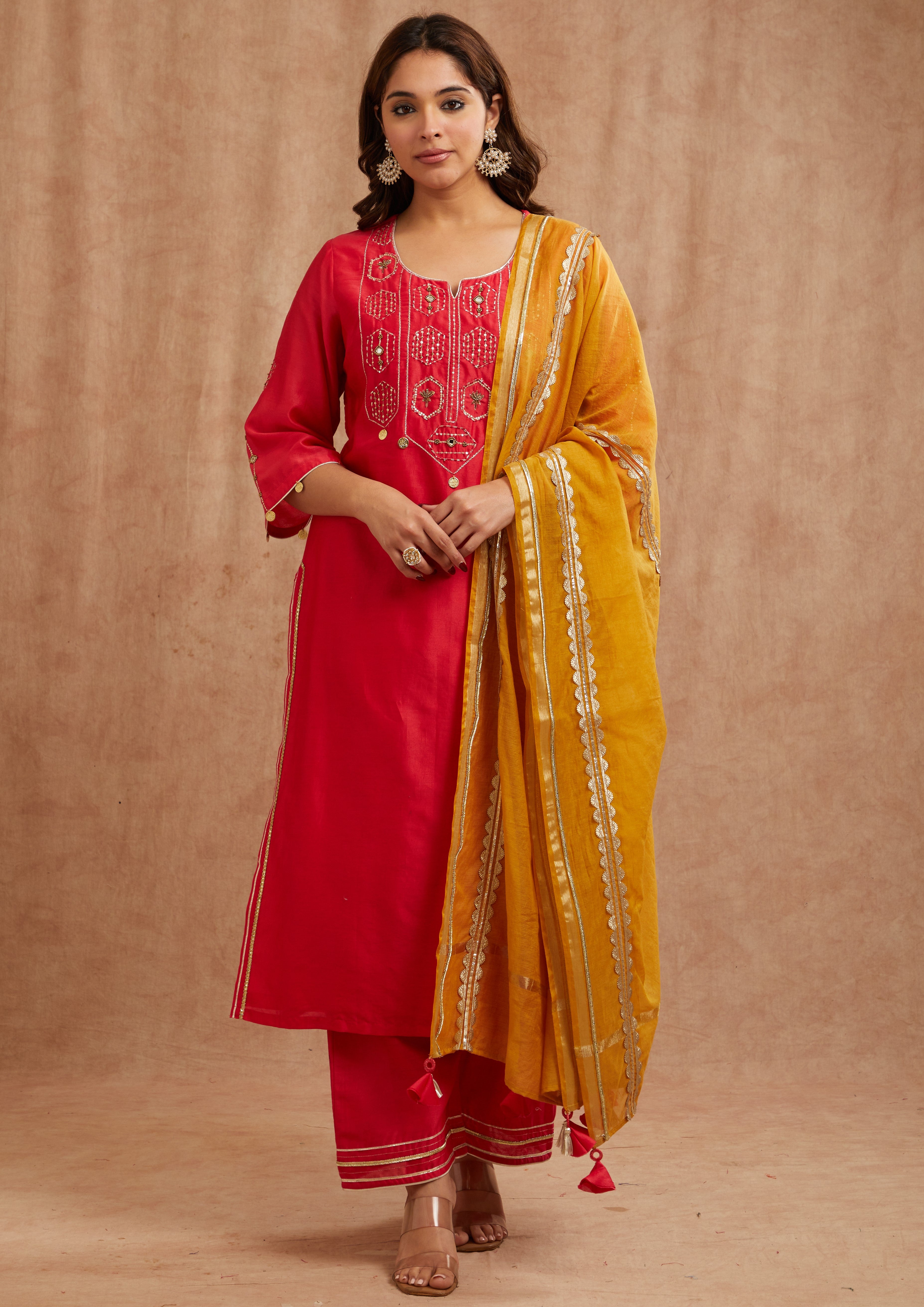 ONION PINK EMBROIDERED CHANDERI SUIT SET