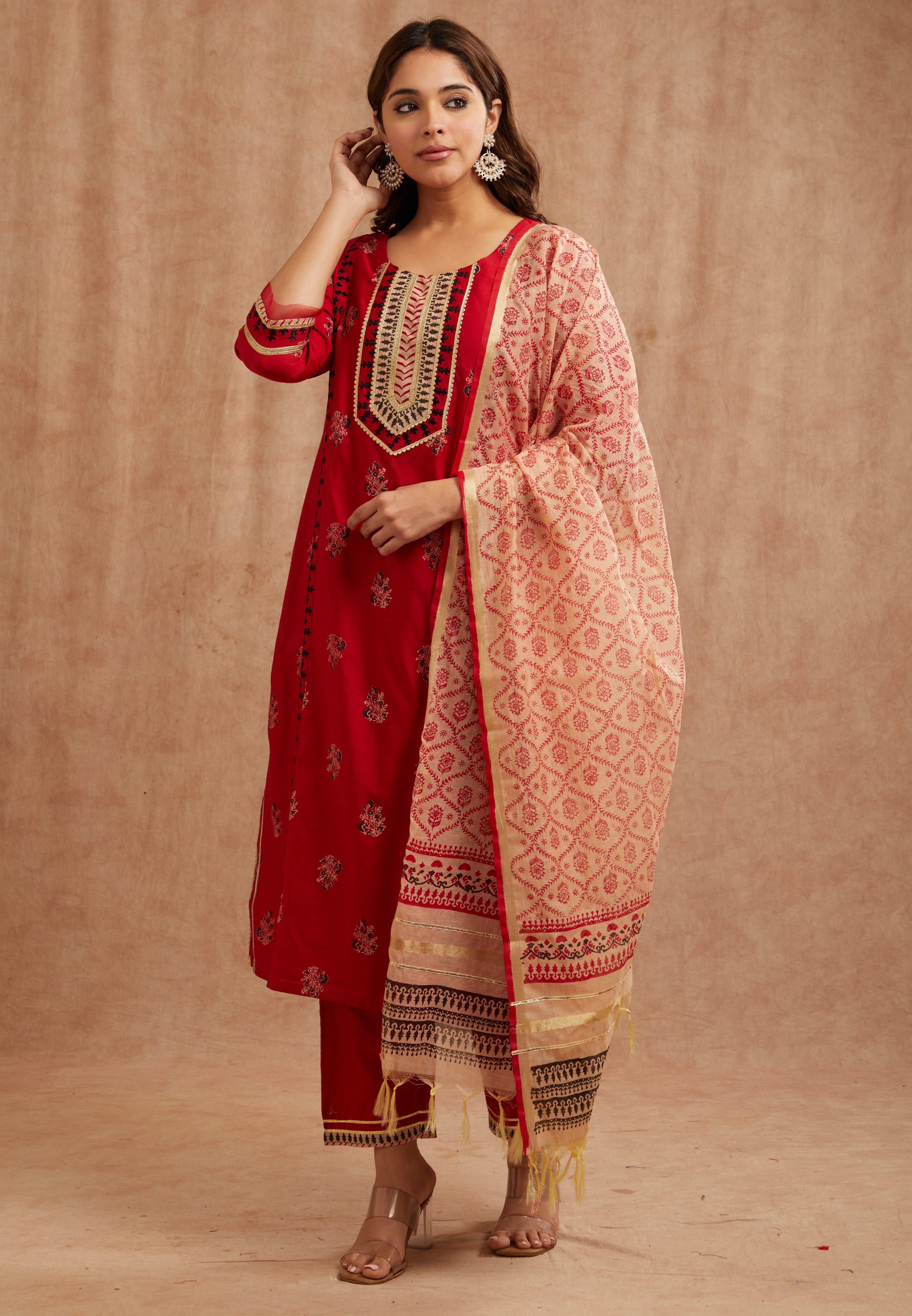 Crimson red chanderi silk festive suit set