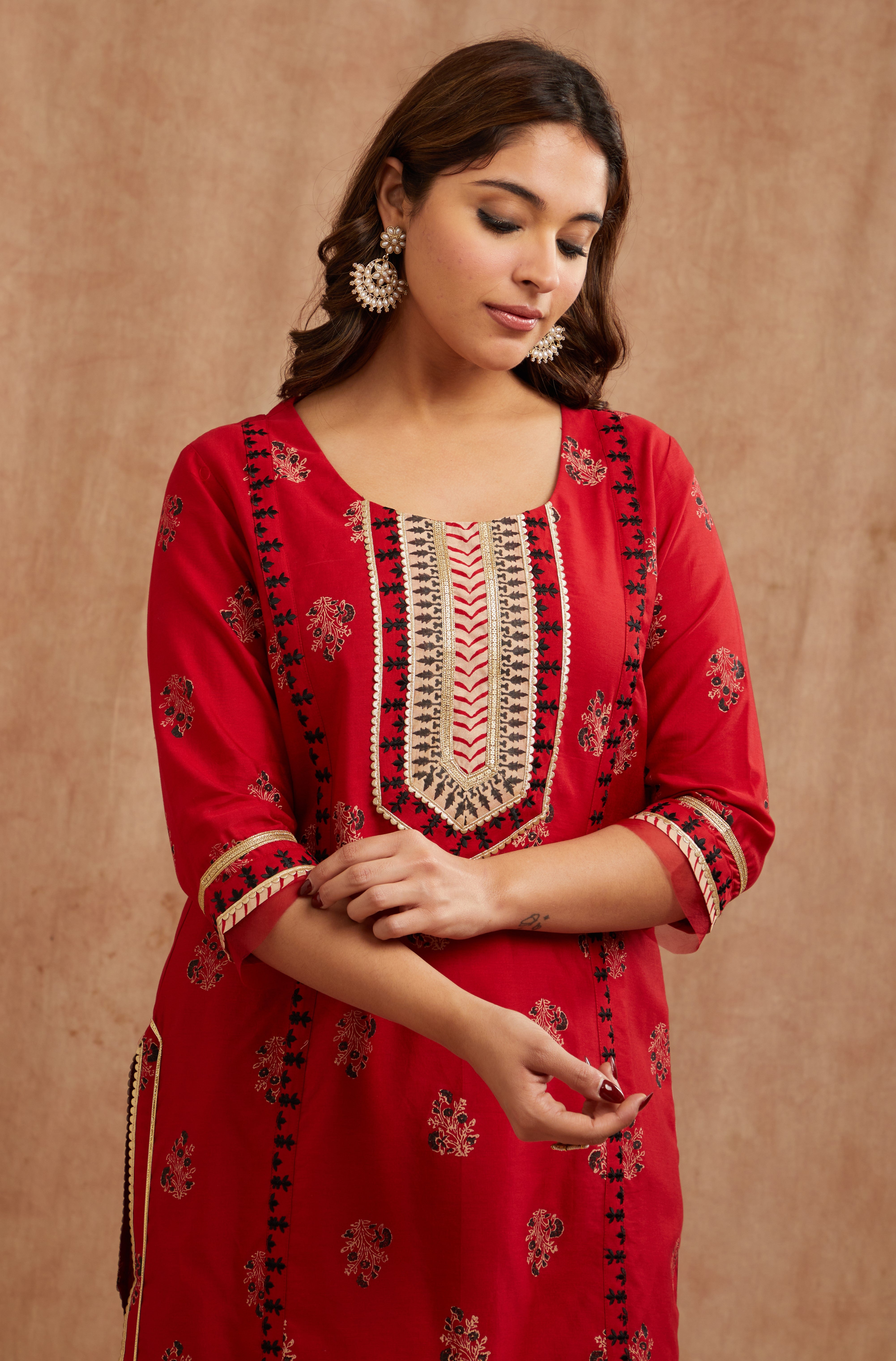 Crimson red chanderi silk festive suit set