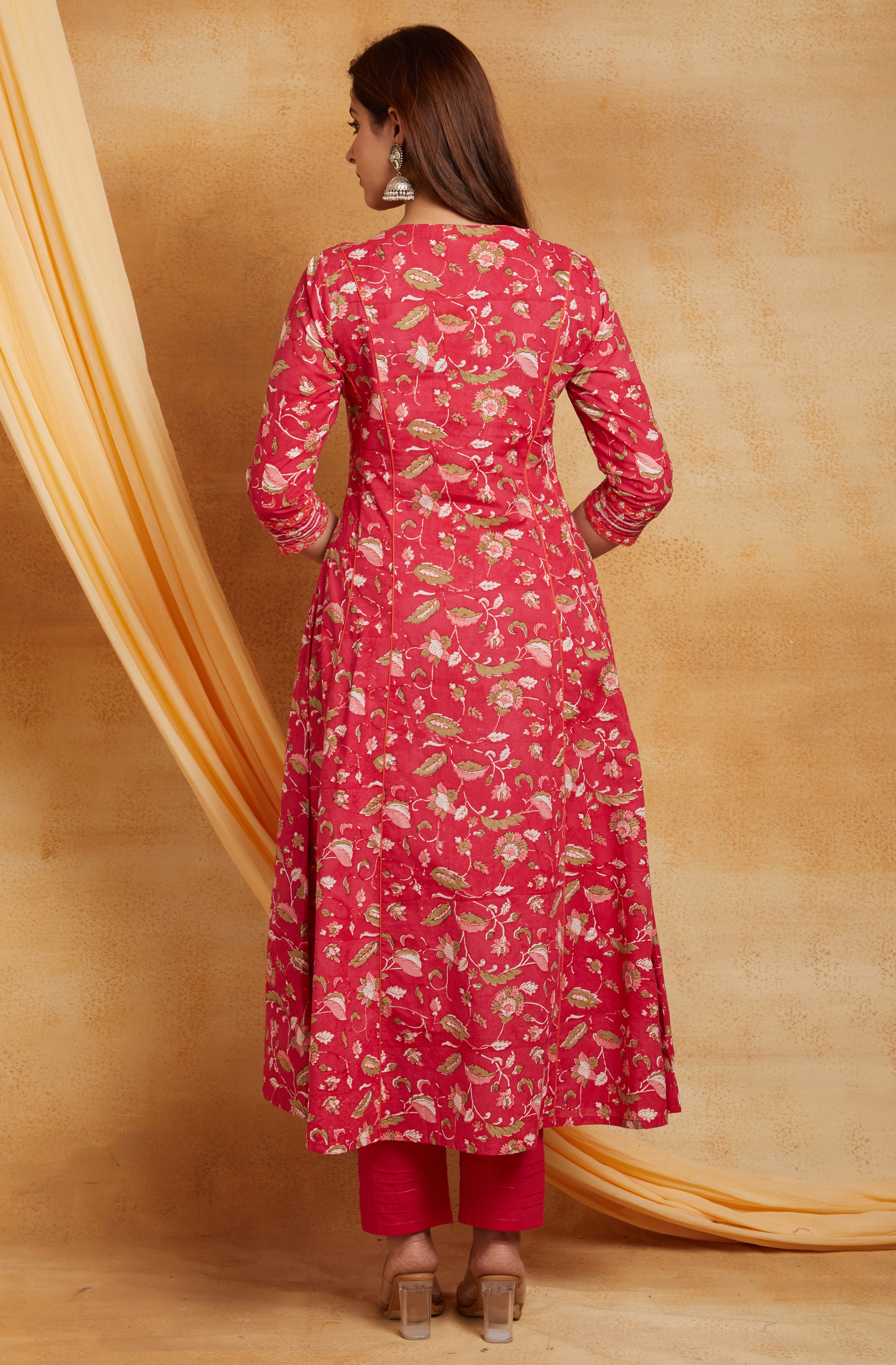 FUSCIA BLOCK PRINTED A-LINE SUIT SET