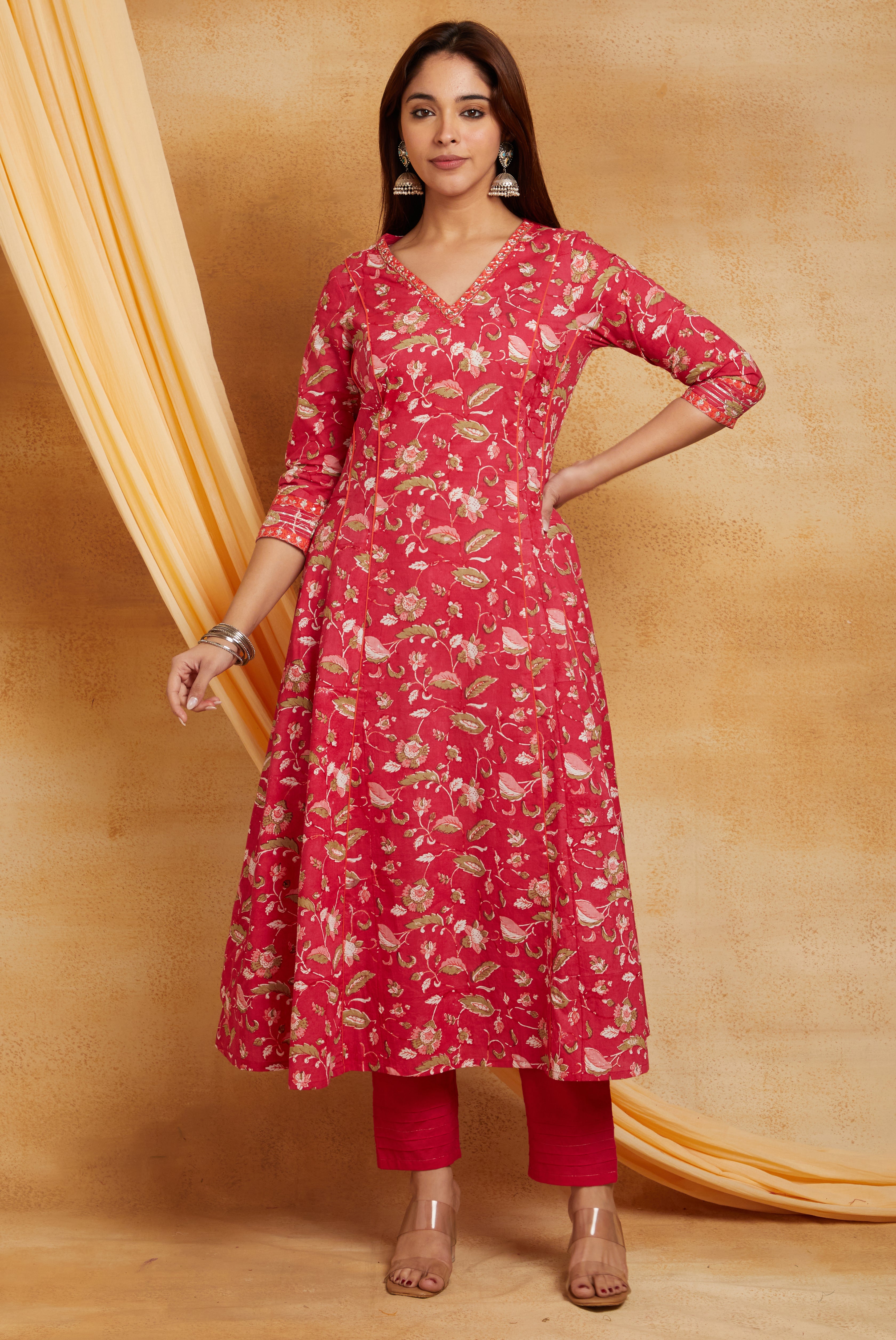FUSCIA BLOCK PRINTED A-LINE SUIT SET