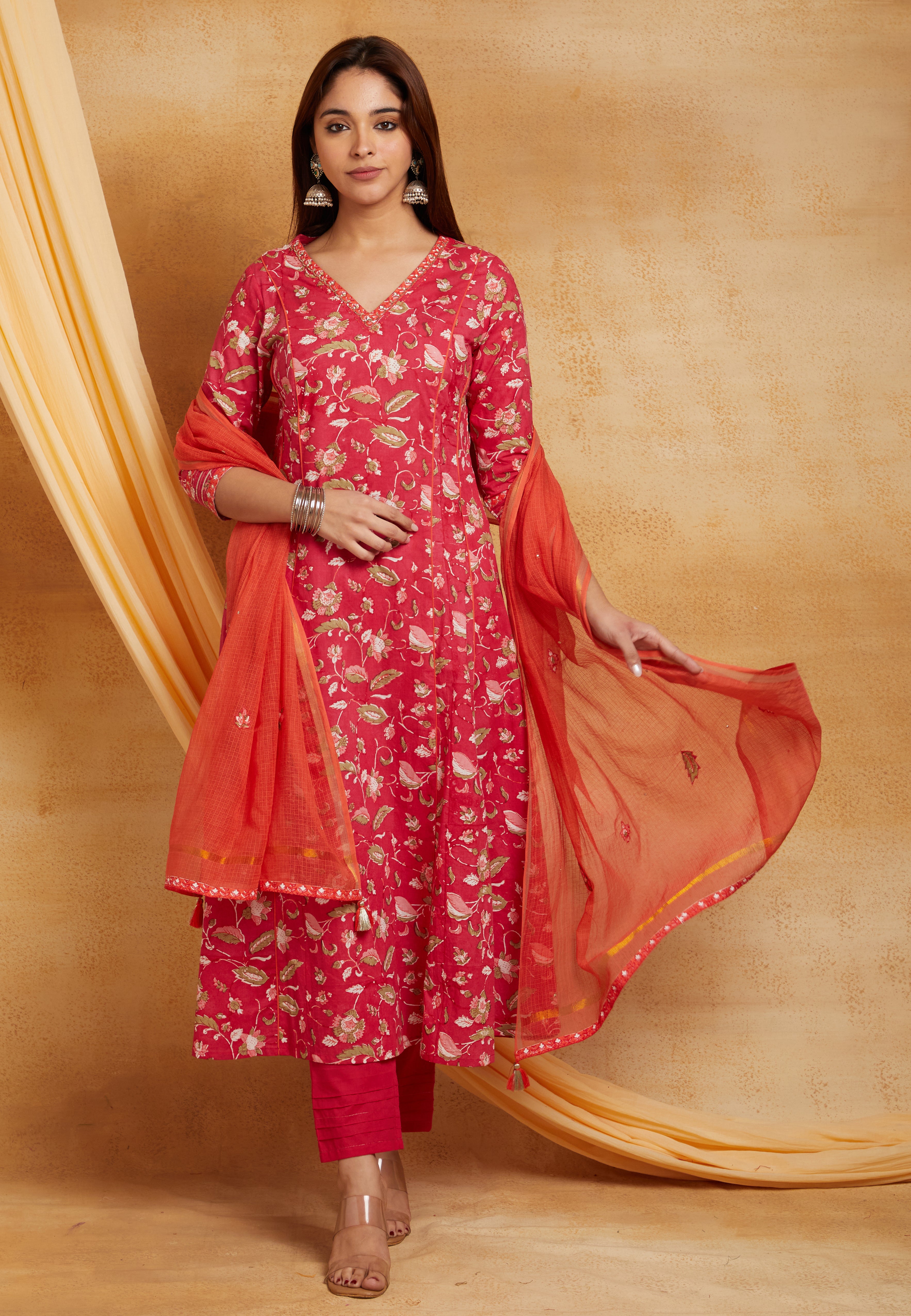 FUSCIA BLOCK PRINTED A-LINE SUIT SET