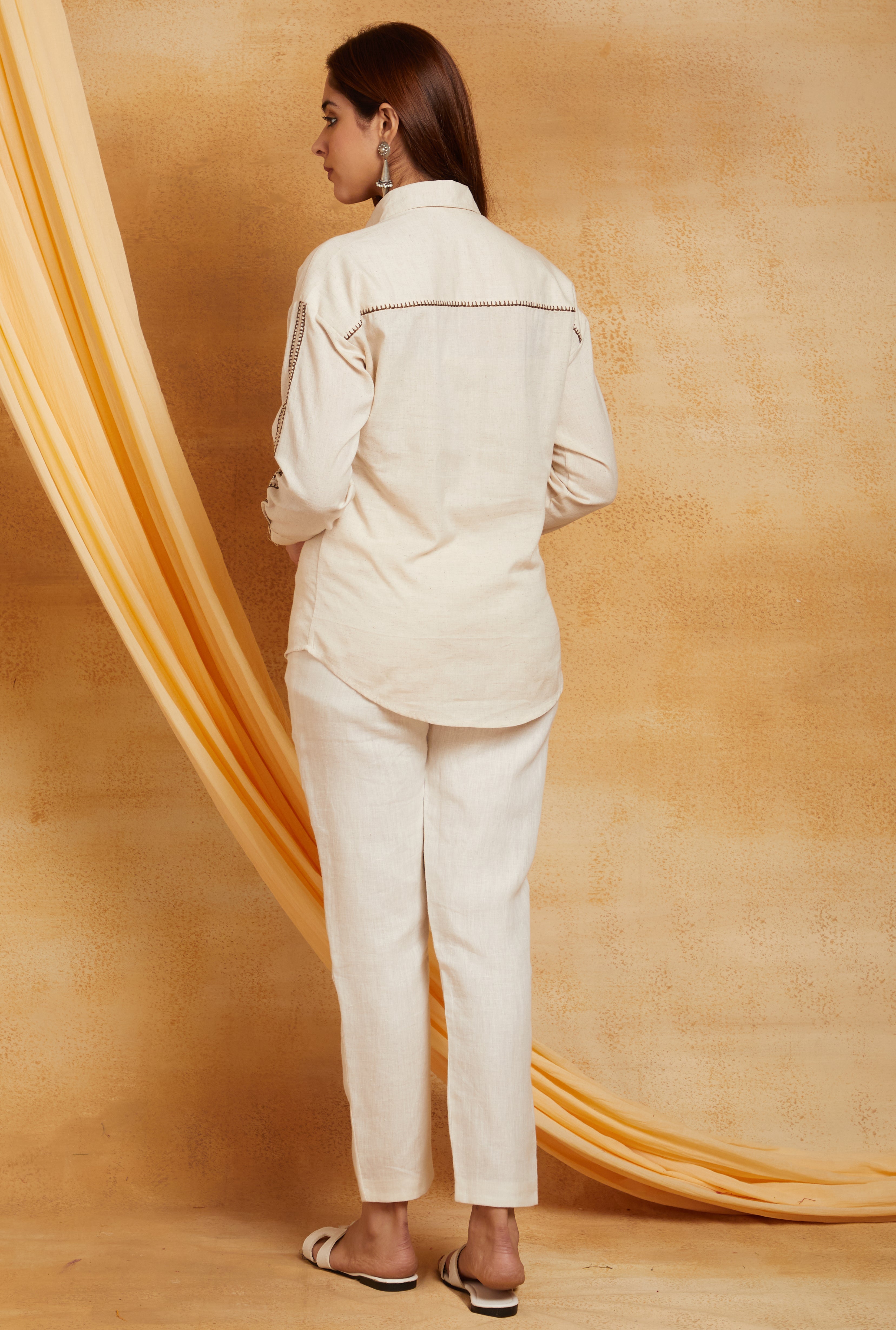 LINEN BLEND IVORY EMBROIDERED WOMEN SHIRT