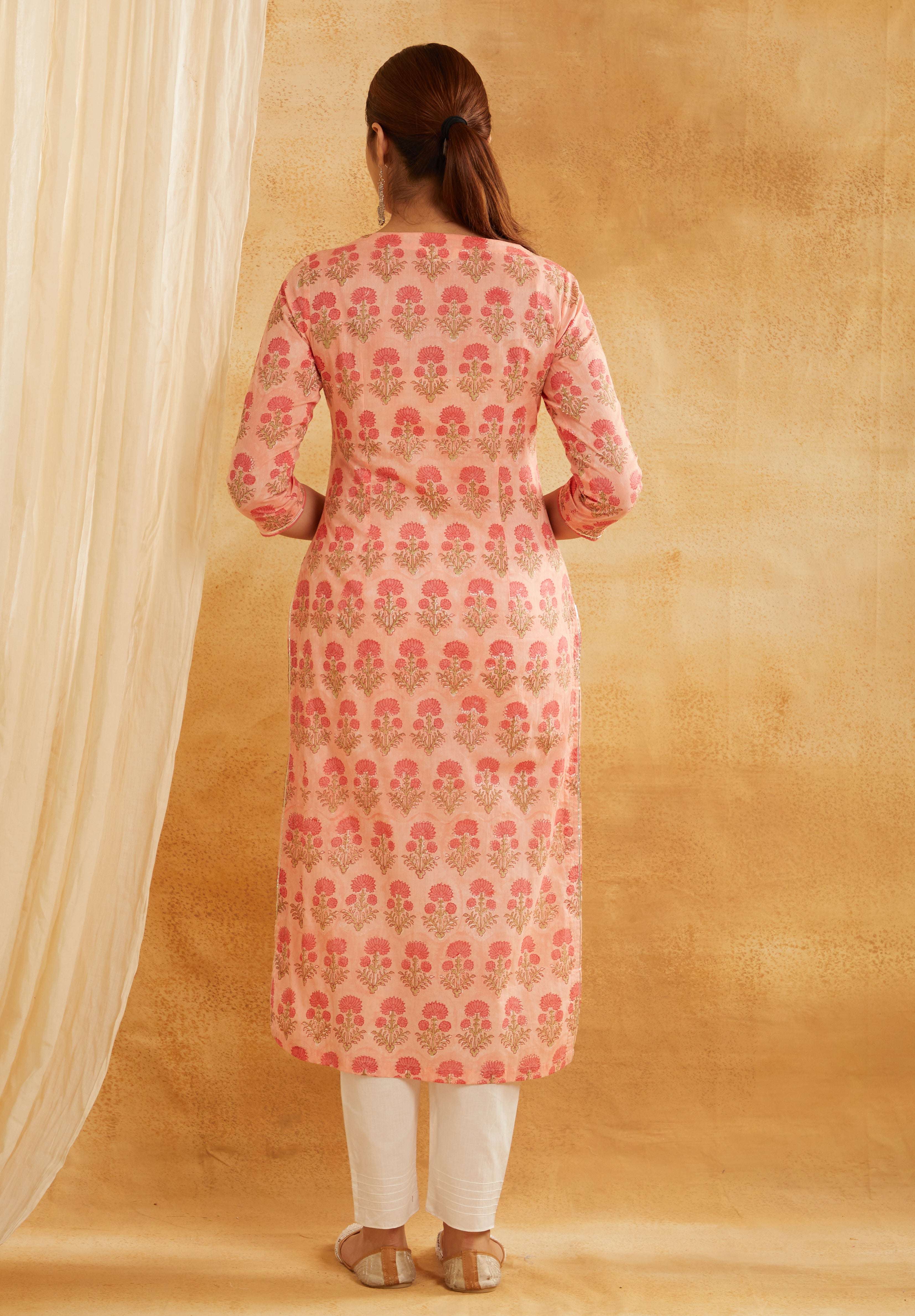 PEACH BLOCK PRINTED EMBROIDERED COTTON KURTA