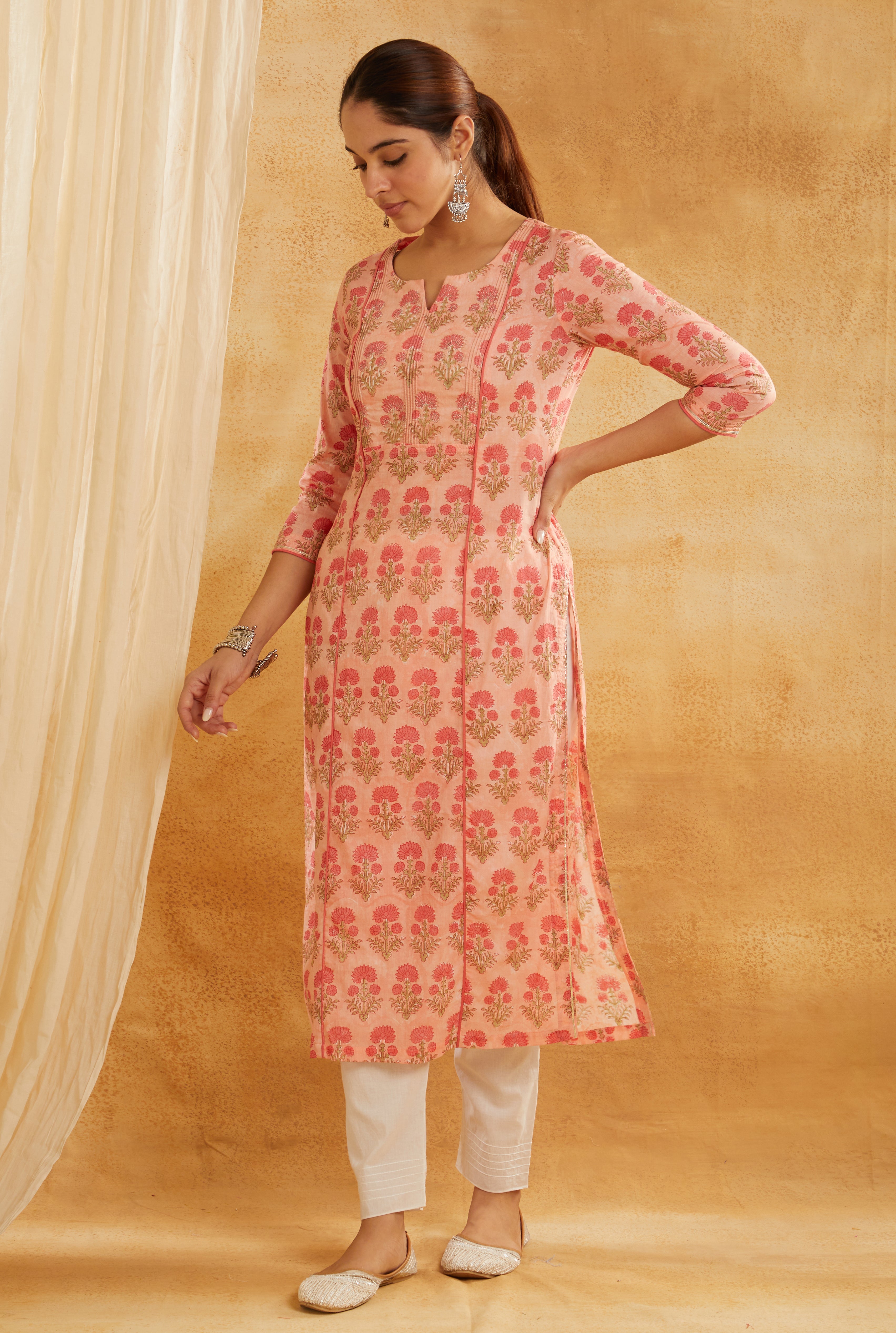 PEACH BLOCK PRINTED EMBROIDERED COTTON KURTA