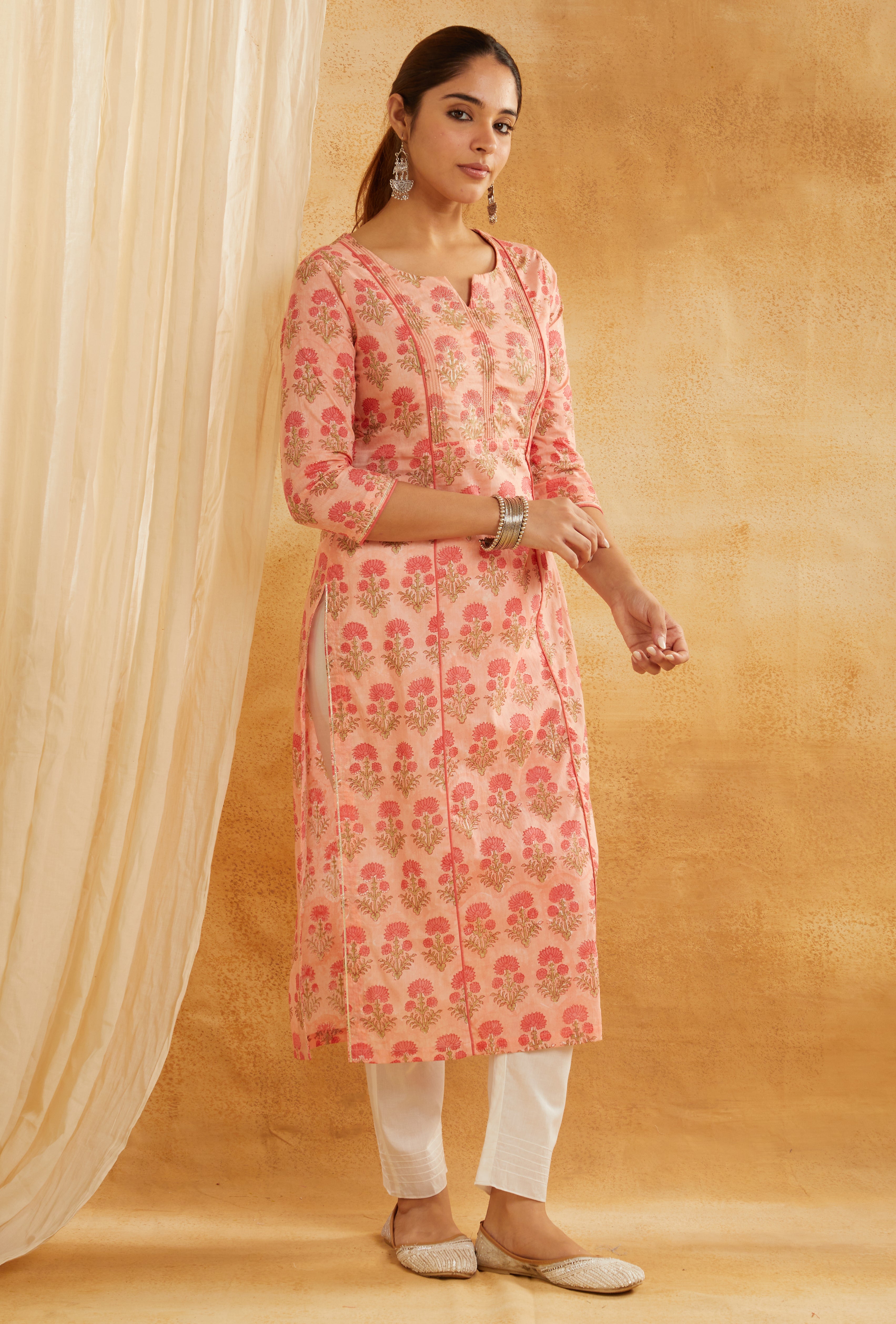 PEACH BLOCK PRINTED EMBROIDERED COTTON KURTA