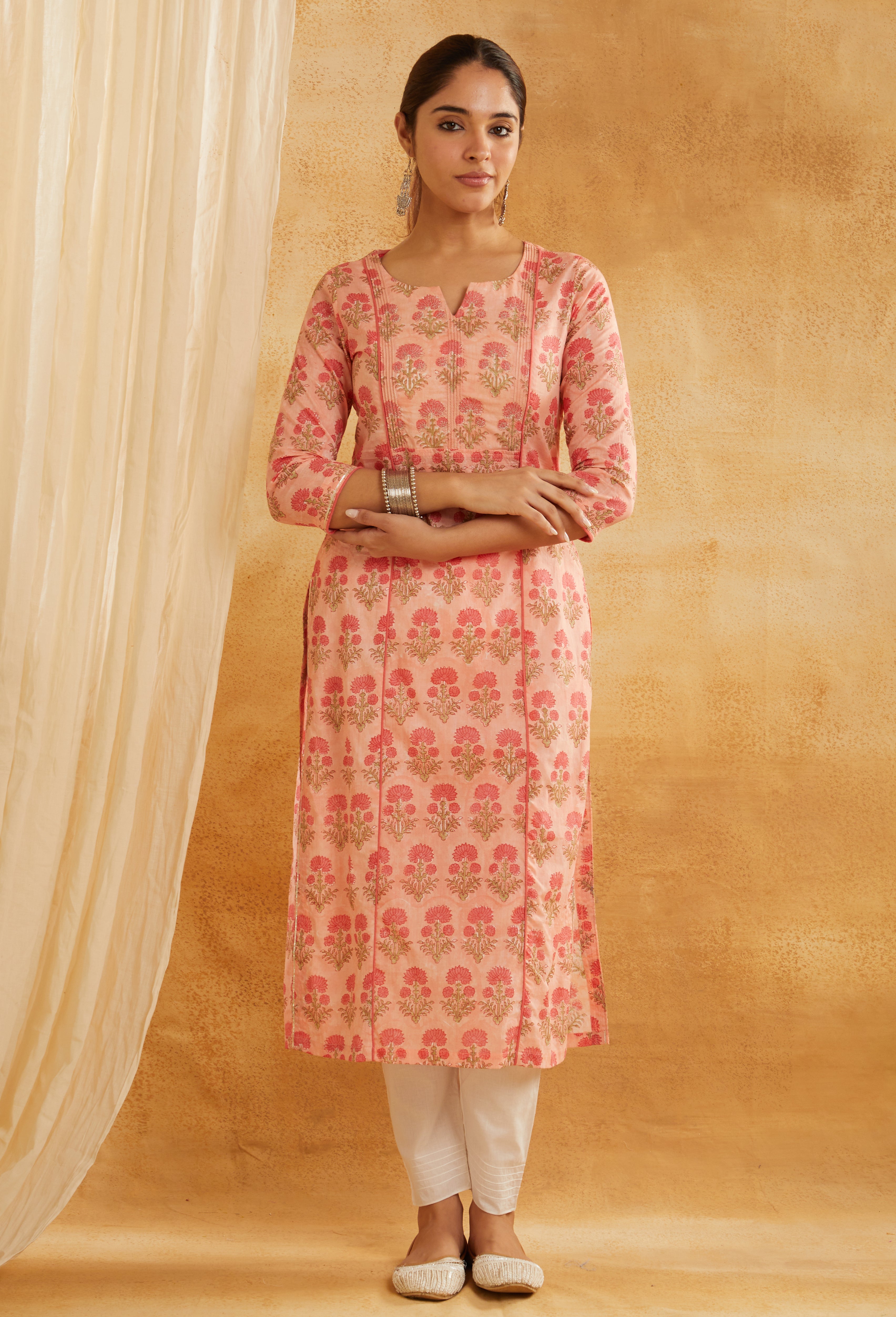 PEACH BLOCK PRINTED EMBROIDERED COTTON KURTA