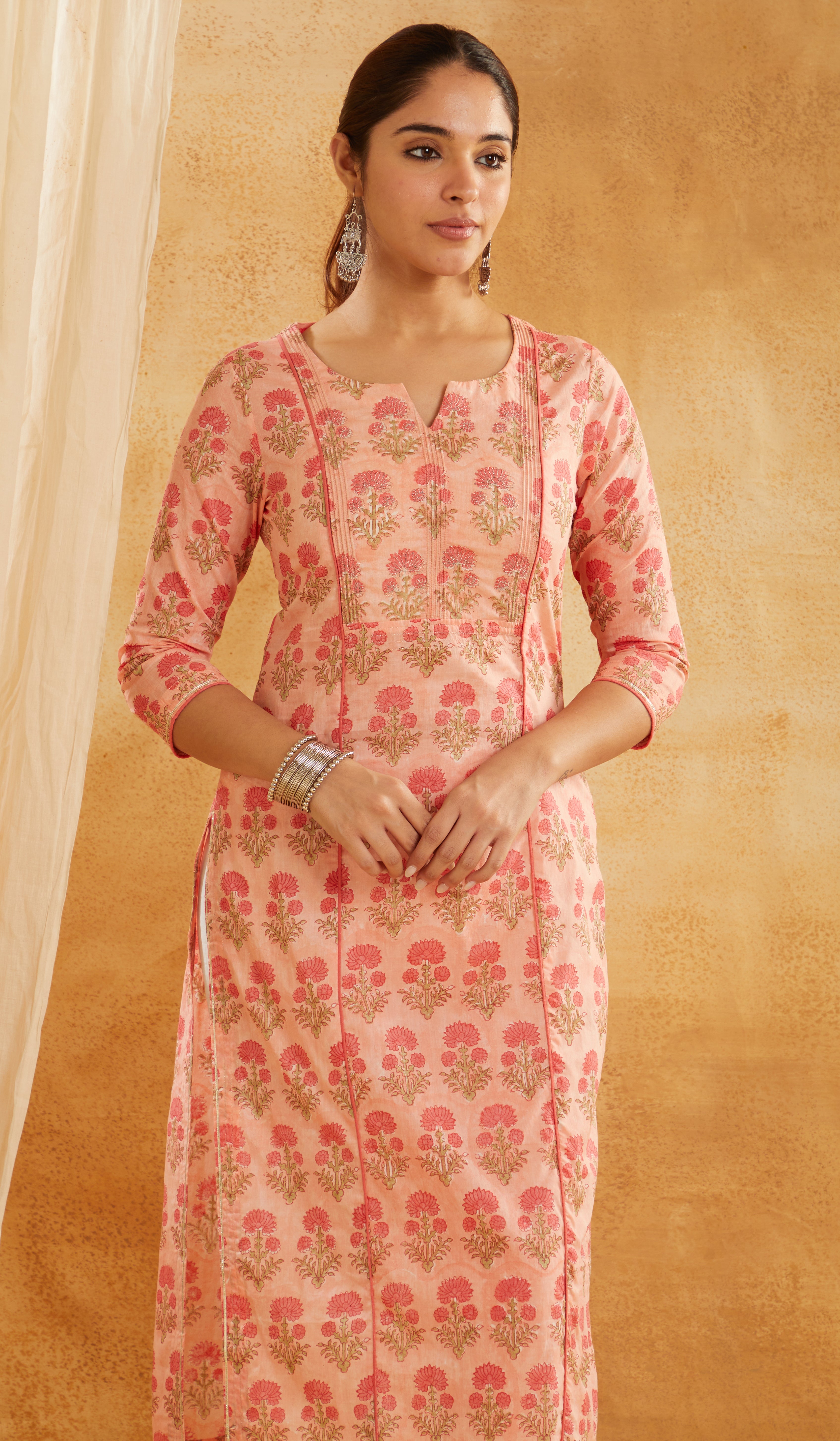 PEACH BLOCK PRINTED EMBROIDERED COTTON KURTA