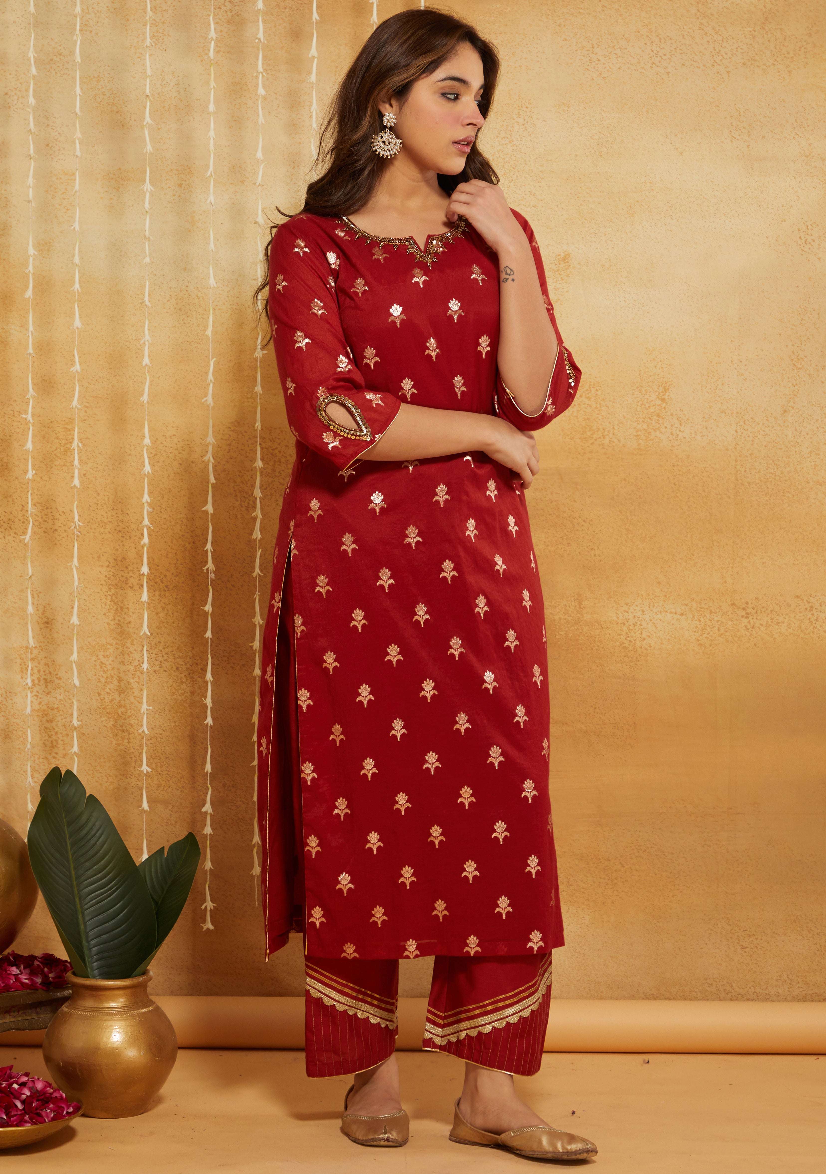 RED BROCADE SILK CHANDERI FESTIVE SUIT SET