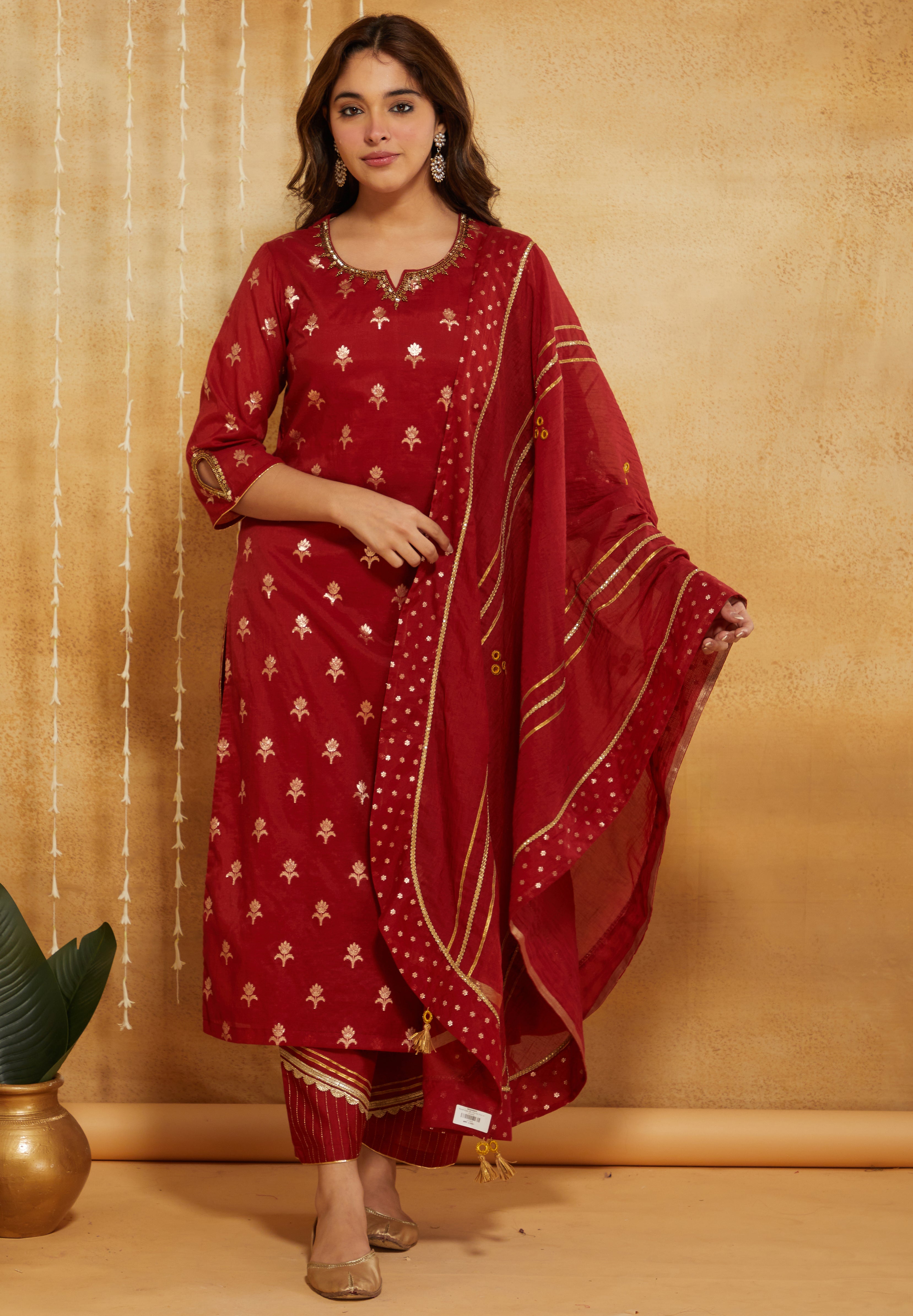 RED BROCADE SILK CHANDERI FESTIVE SUIT SET