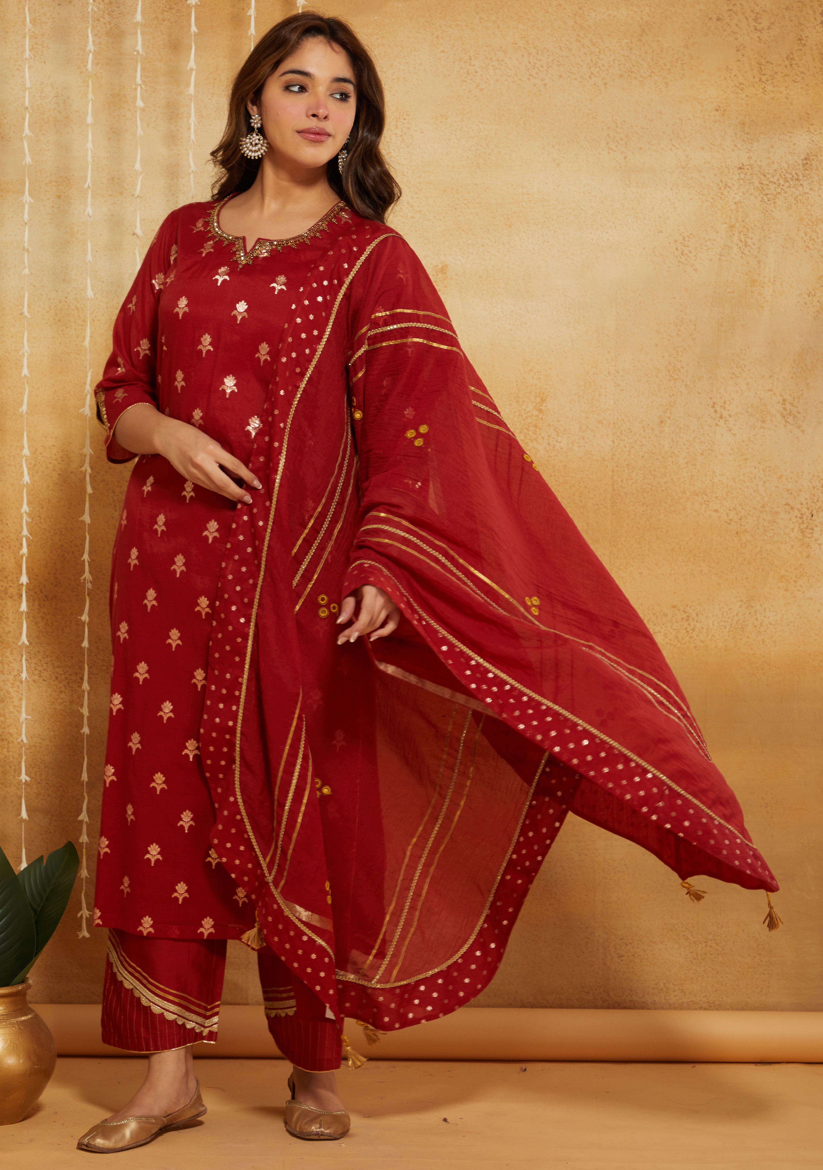 RED BROCADE SILK CHANDERI FESTIVE SUIT SET