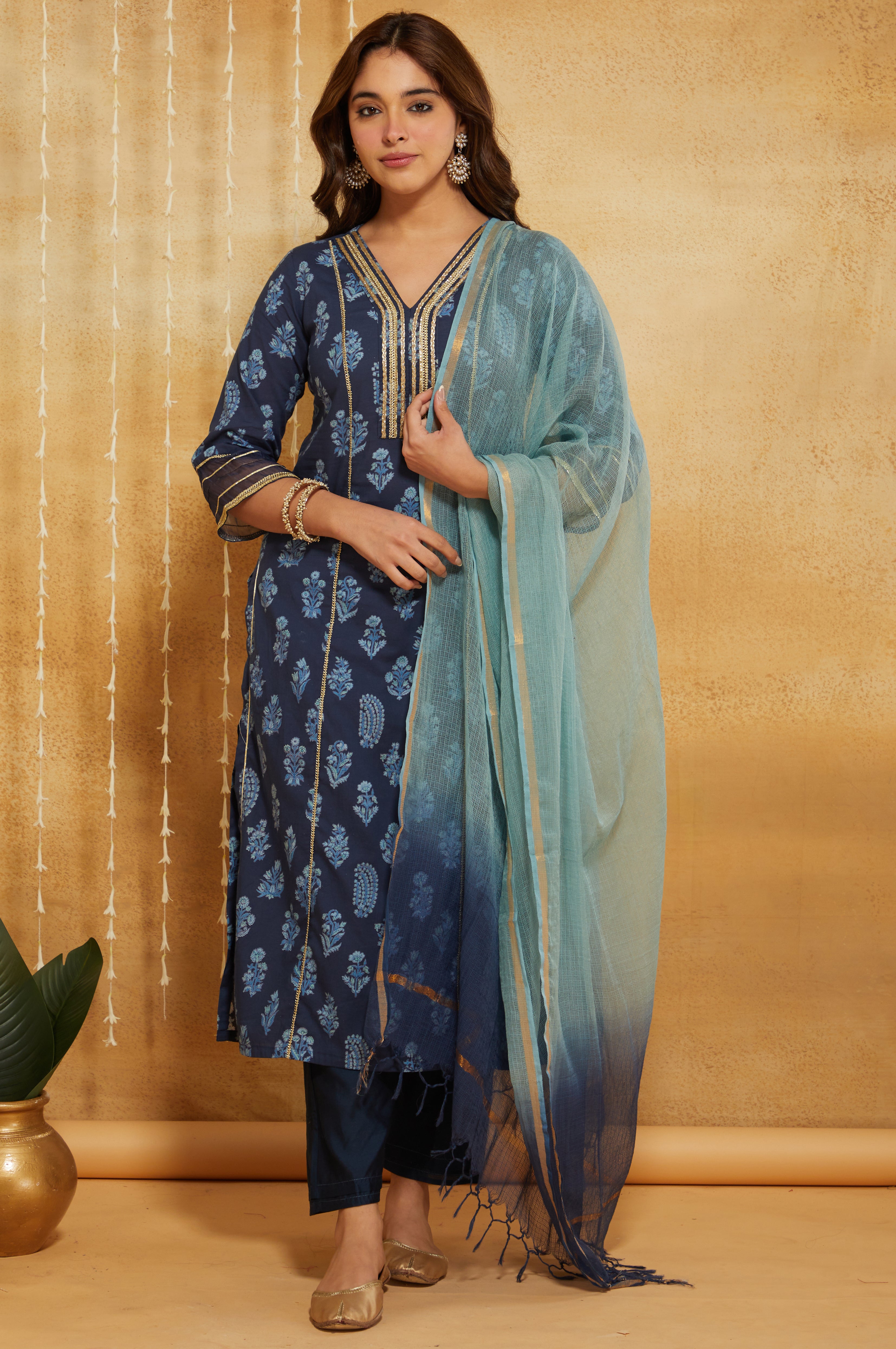 Indigo Dabu Hand Block Printed Cotton Suit - Set of 3