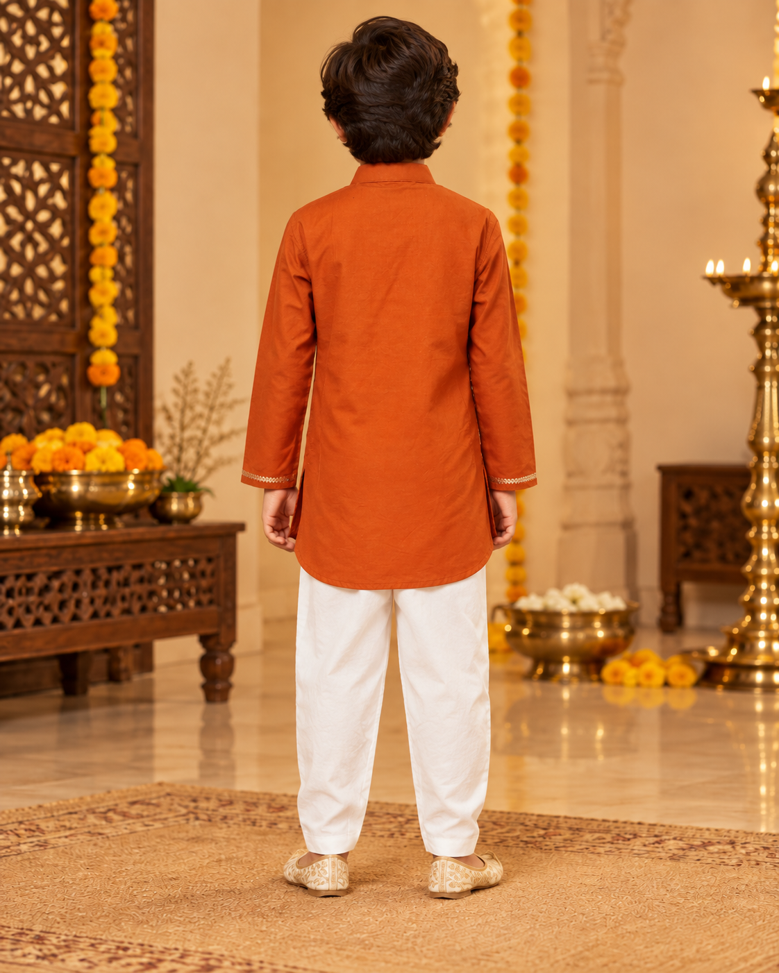 Burnt Orange Brocade Festive Boys Kurta
