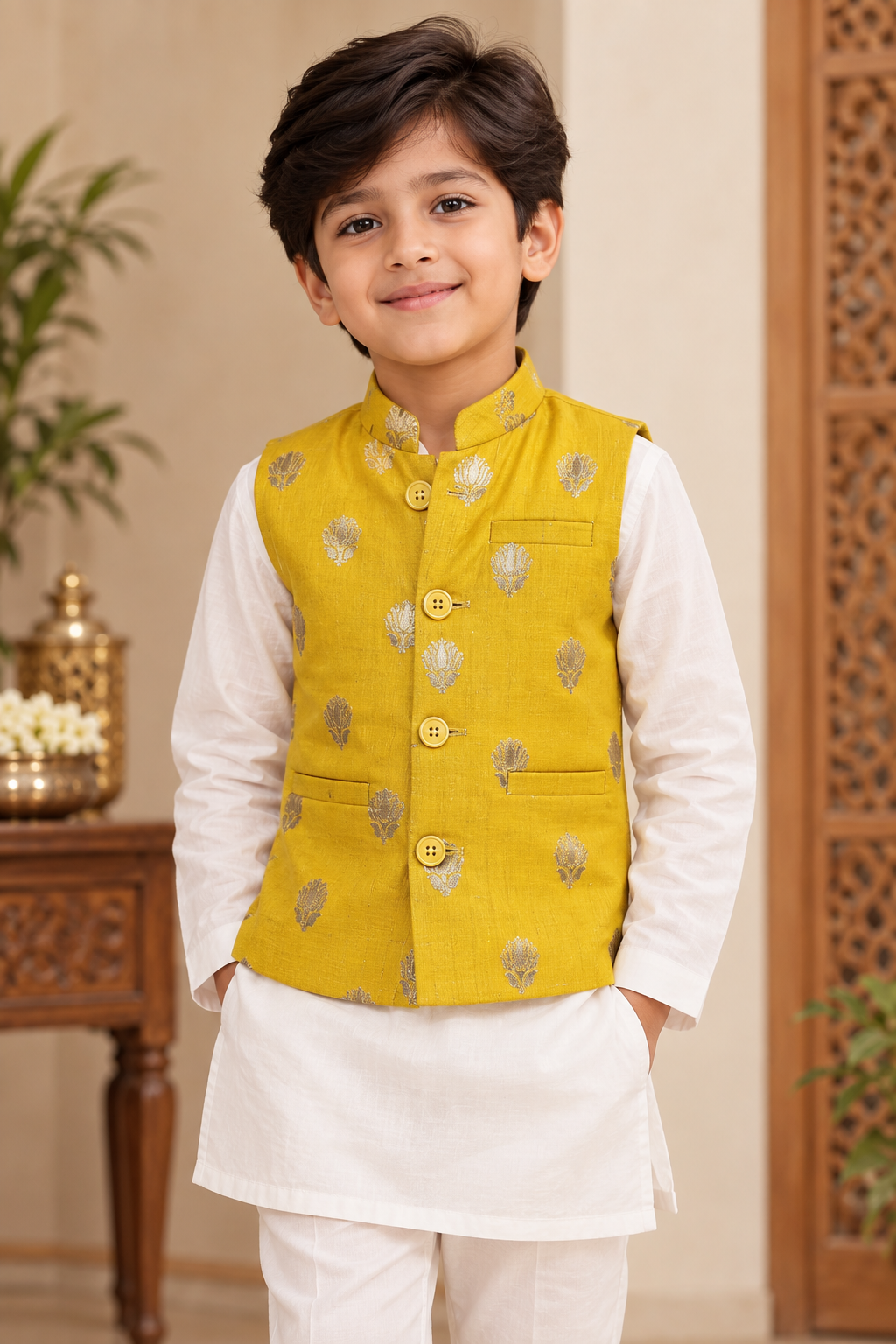 Yellow Silk Brocade Boys Festive Waistcoat