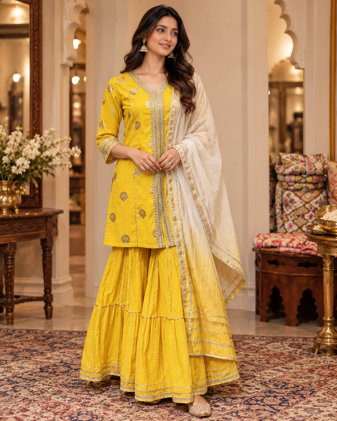 Royal Yellow Silk Brocade Sharara Set