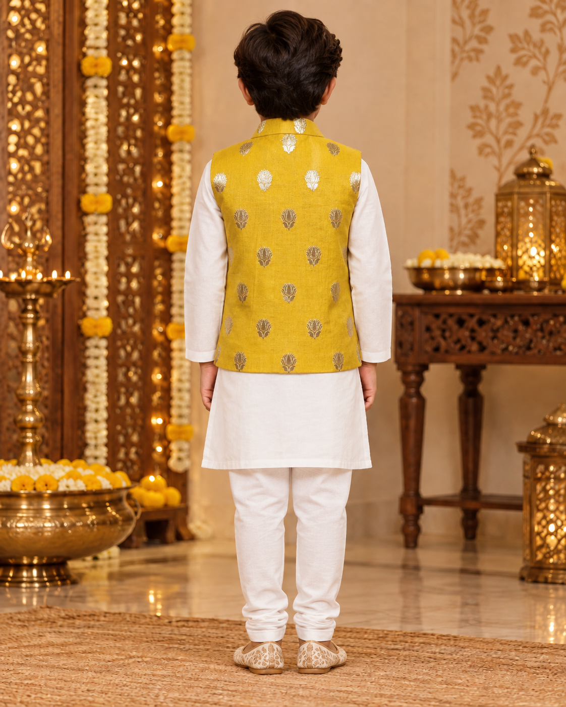 Yellow Silk Brocade Boys Festive Waistcoat